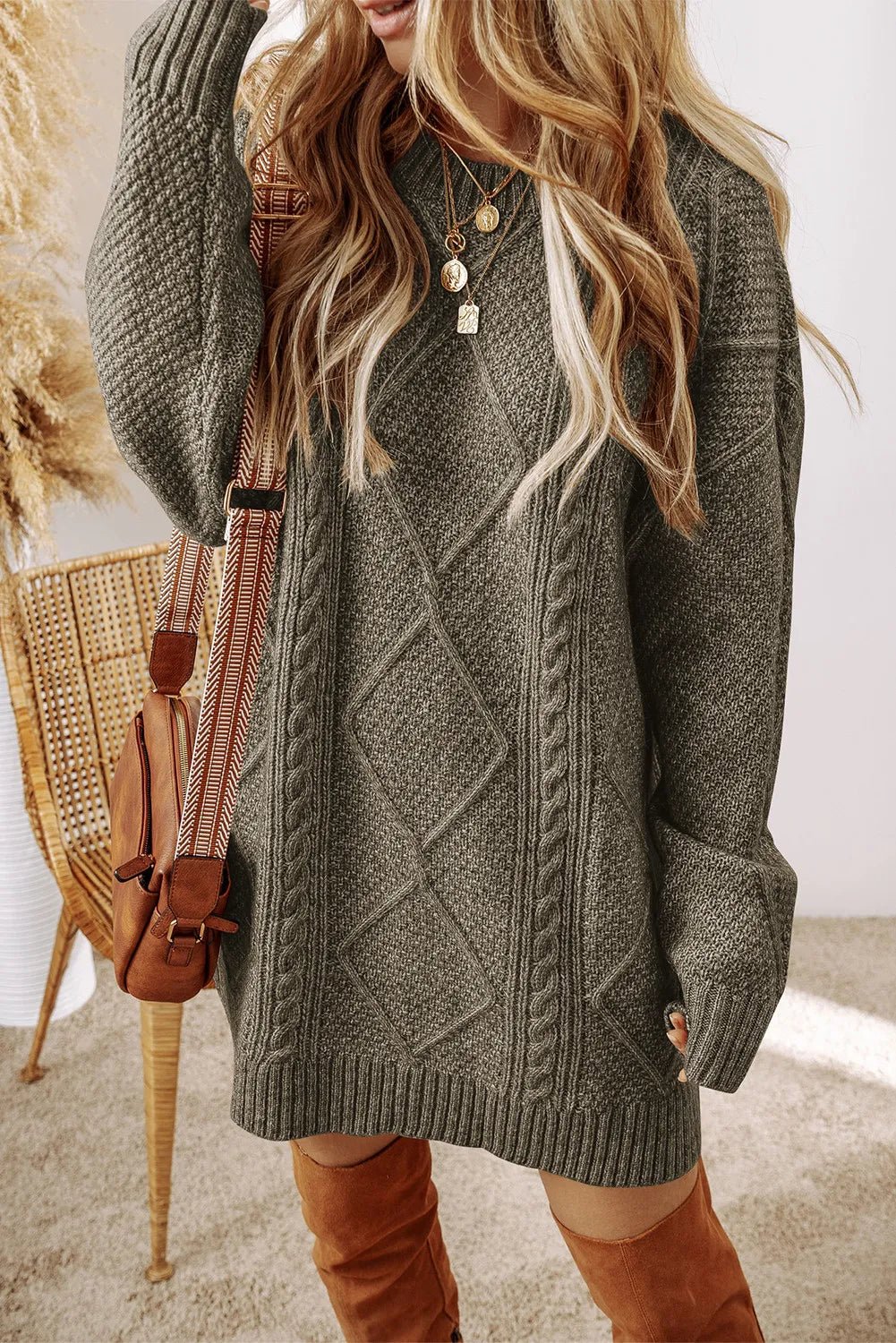Cable - Knit Round Neck Sweater Dress - ViarousViarousViarous