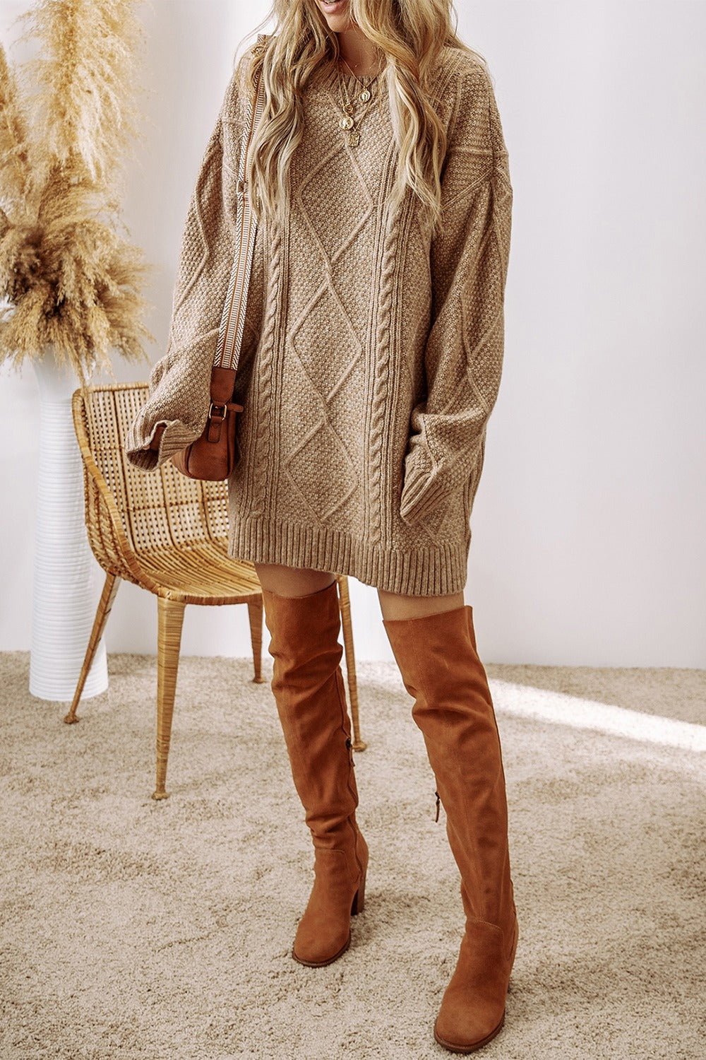 Cable - Knit Round Neck Sweater Dress - ViarousViarousViarous