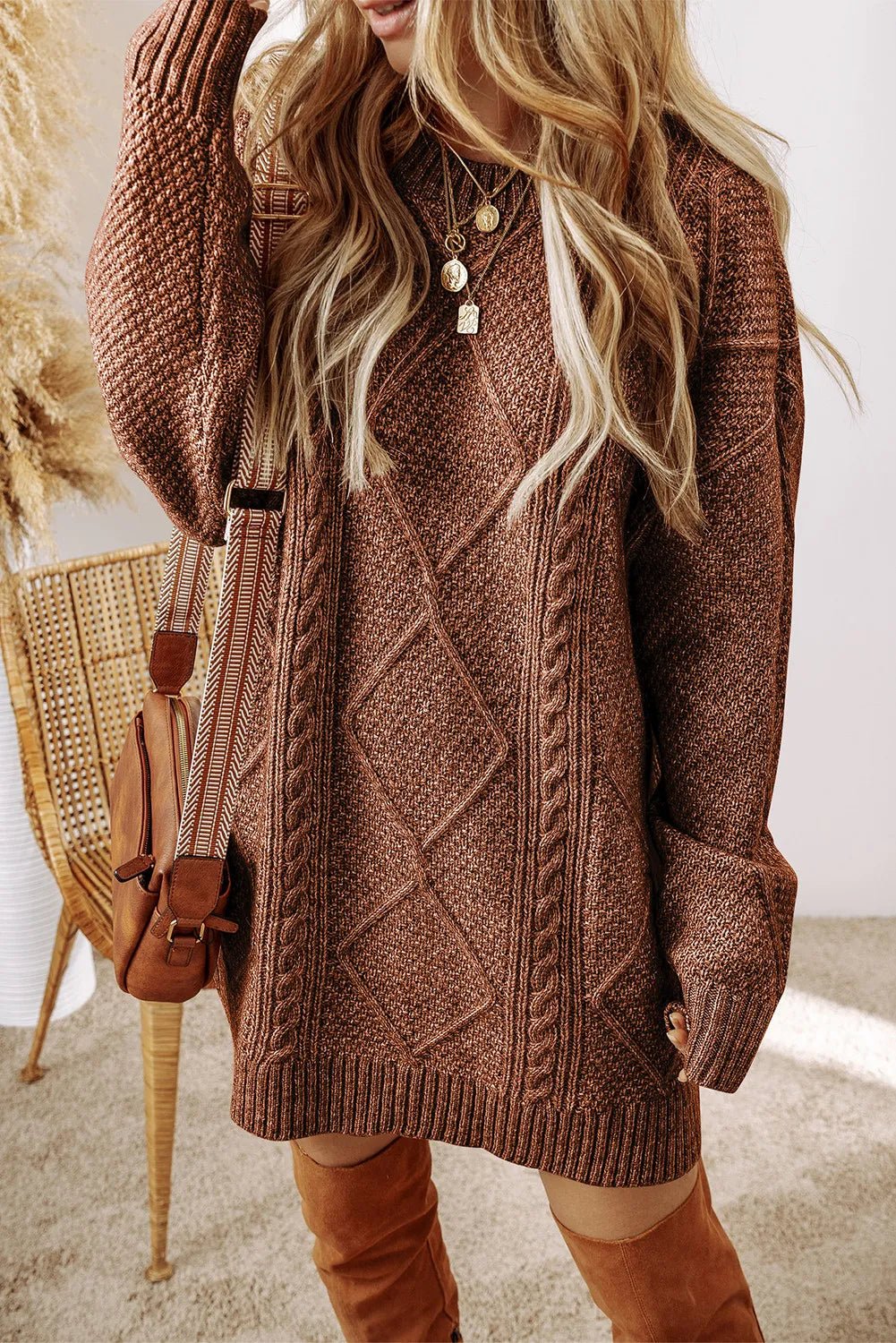 Cable - Knit Round Neck Sweater Dress - ViarousViarousViarous