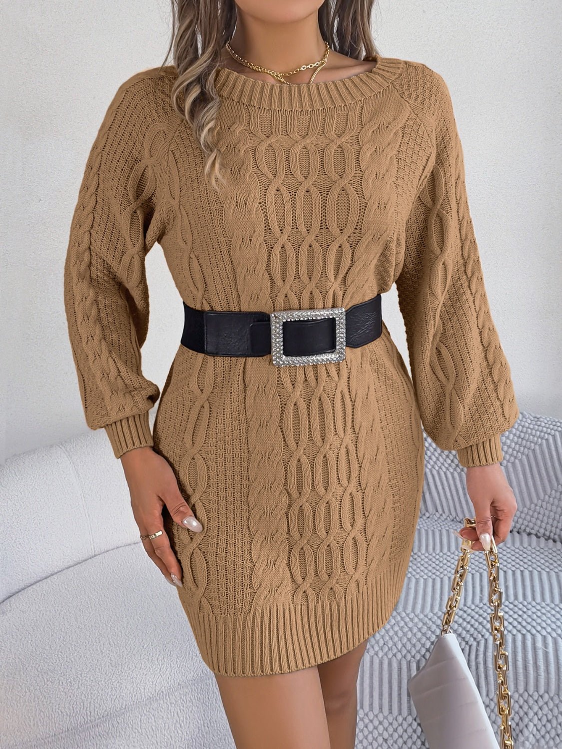 Cable - Knit Round Neck Sweater Dress - ViarousViarousViarous