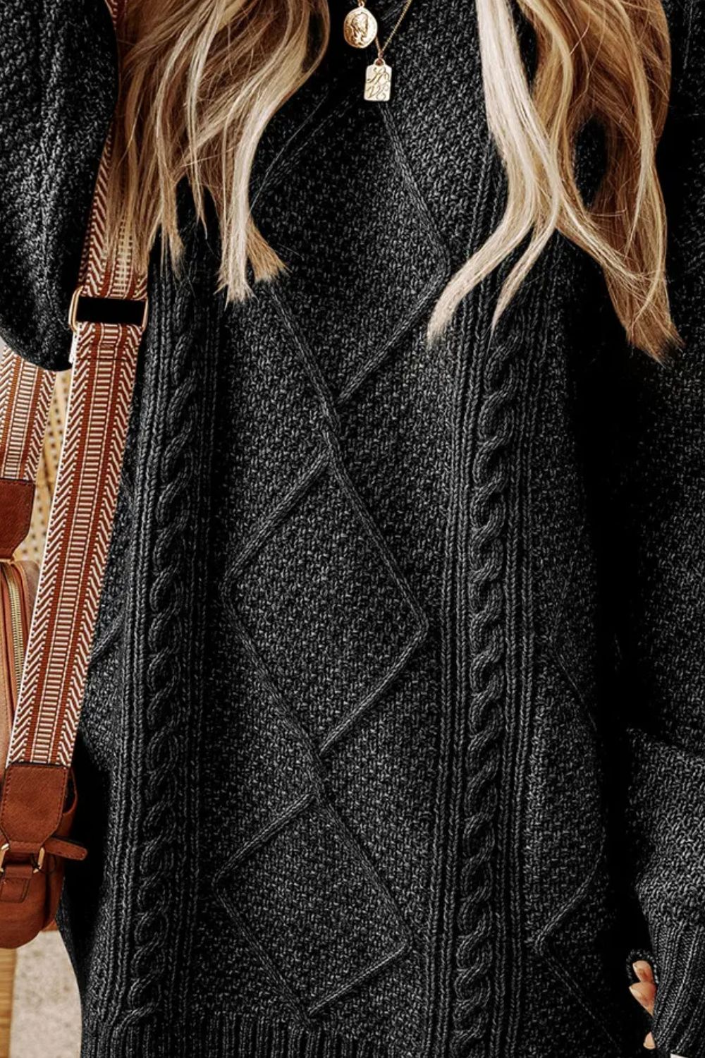 Cable - Knit Round Neck Sweater Dress - ViarousViarousViarous
