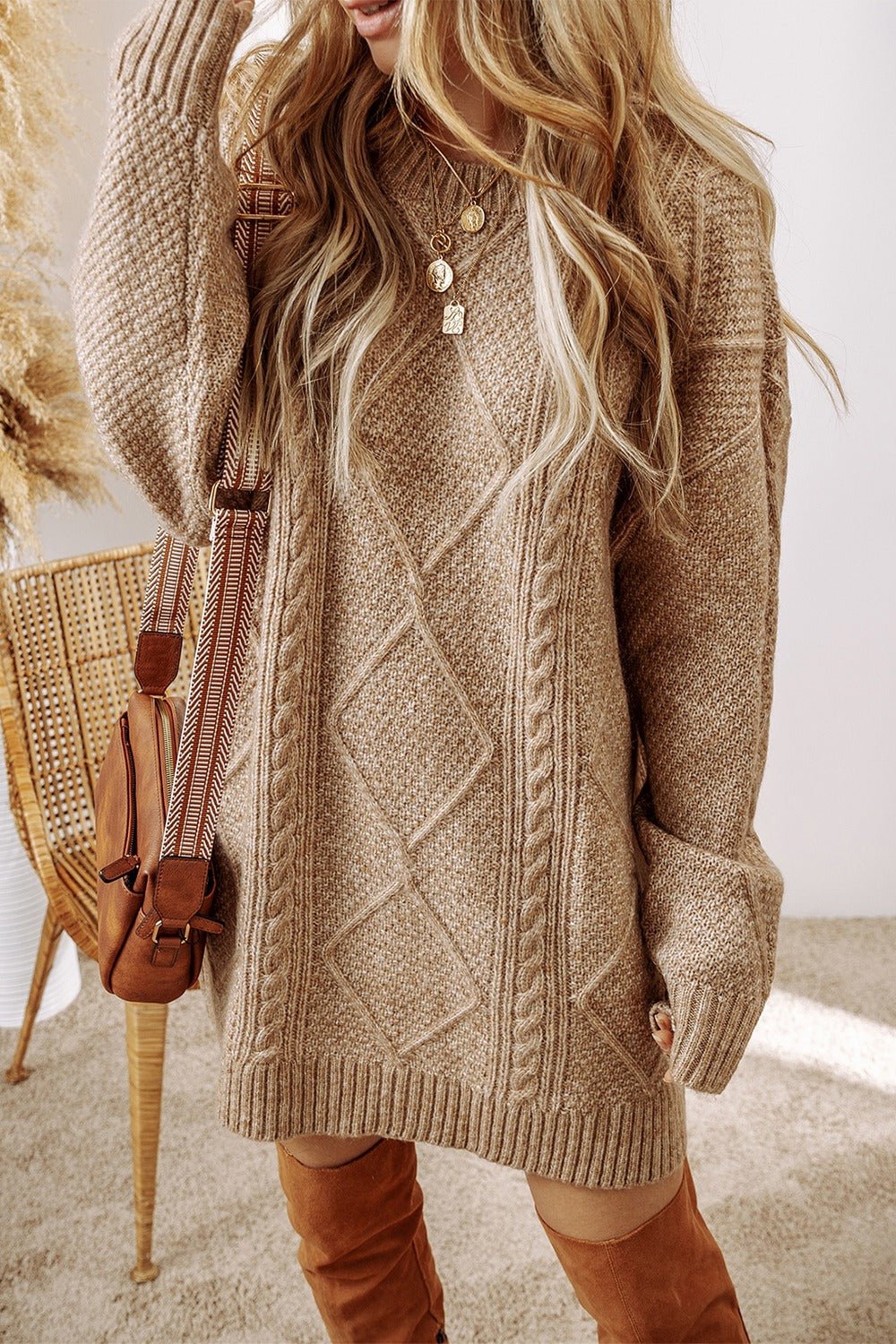 Cable - Knit Round Neck Sweater Dress - ViarousViarousViarous