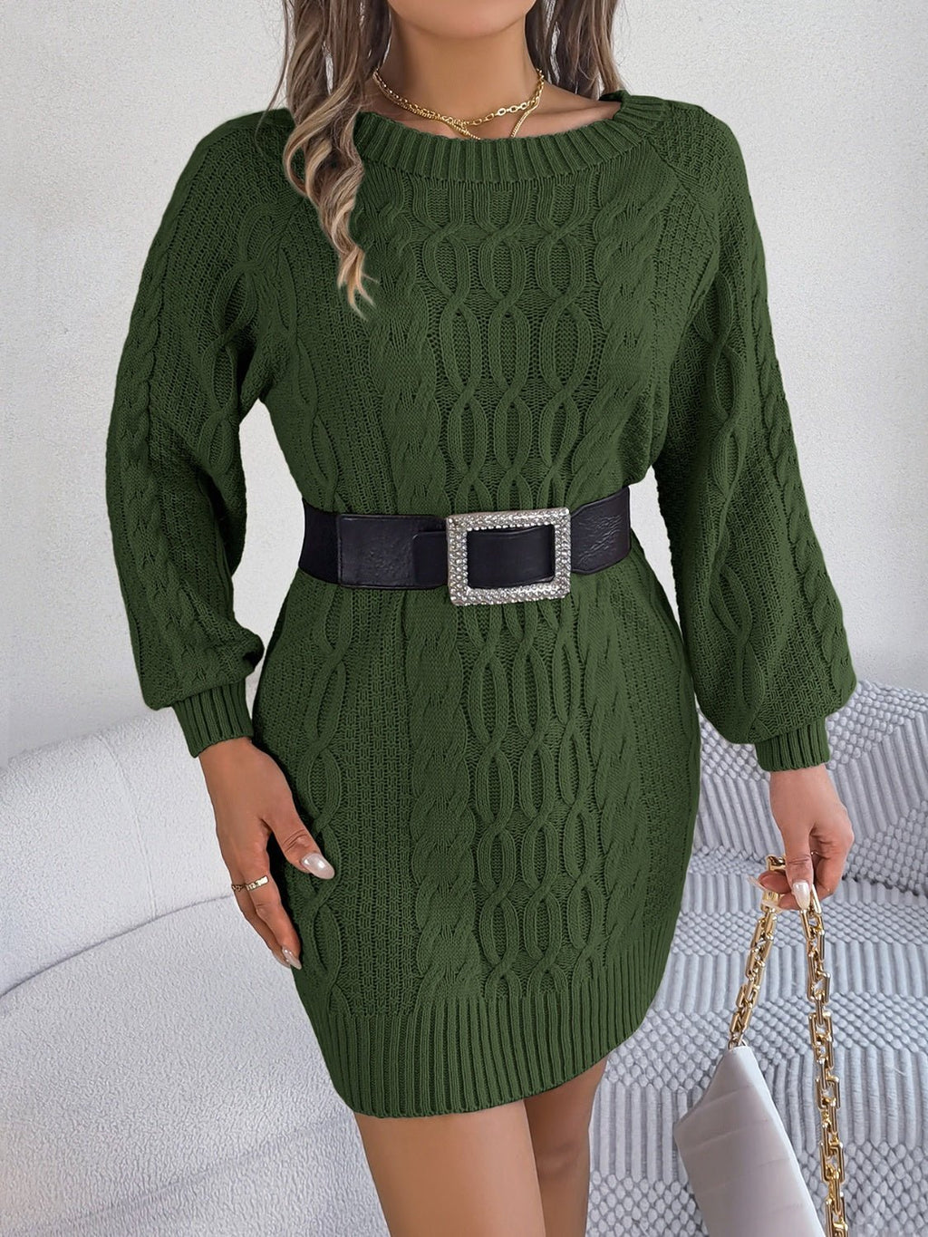 Cable - Knit Round Neck Sweater Dress - ViarousViarousViarous