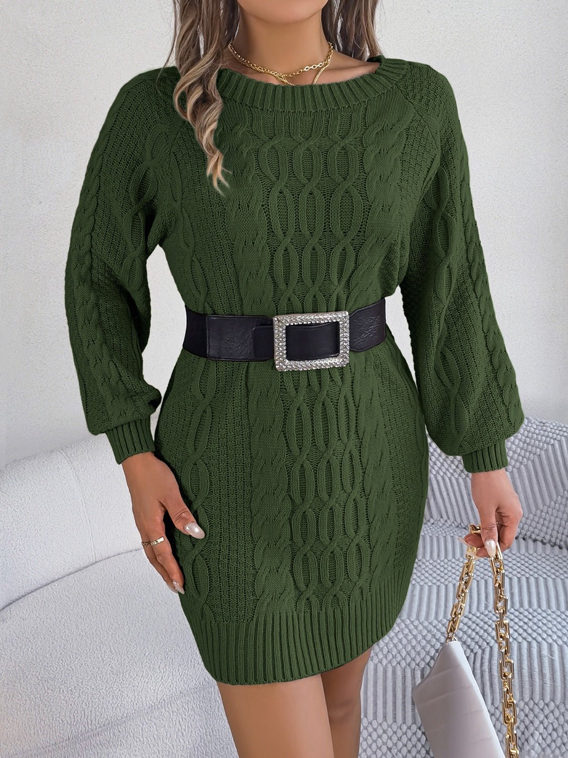 Cable - Knit Round Neck Sweater Dress - ViarousViarousViarous