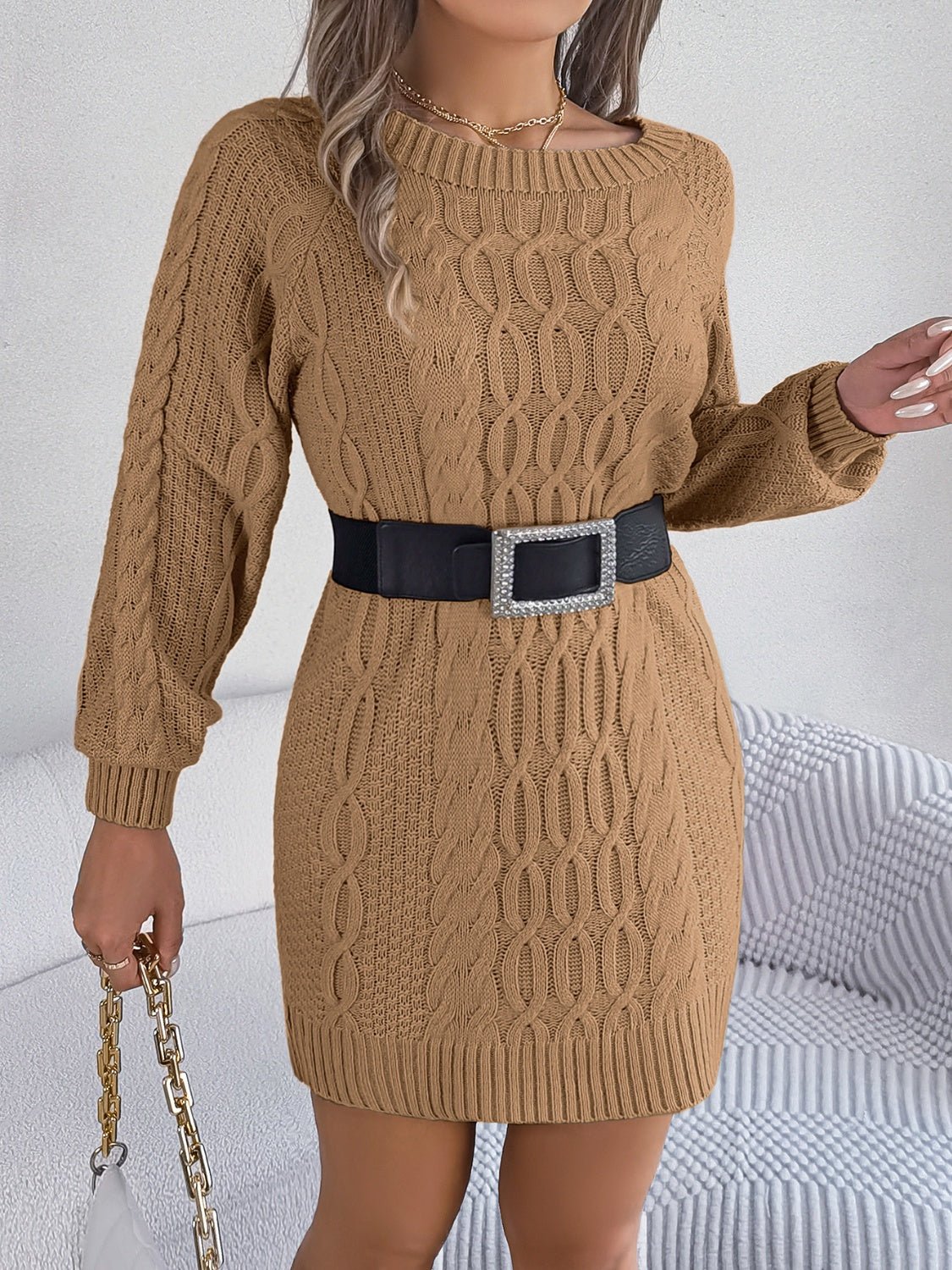 Cable - Knit Round Neck Sweater Dress - ViarousViarousViarous