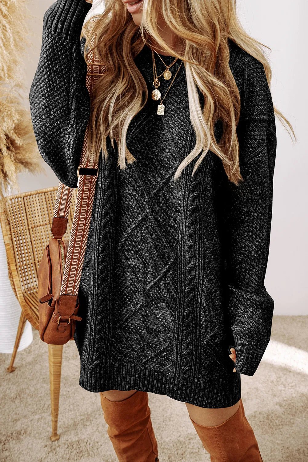 Cable - Knit Round Neck Sweater Dress - ViarousViarousViarous