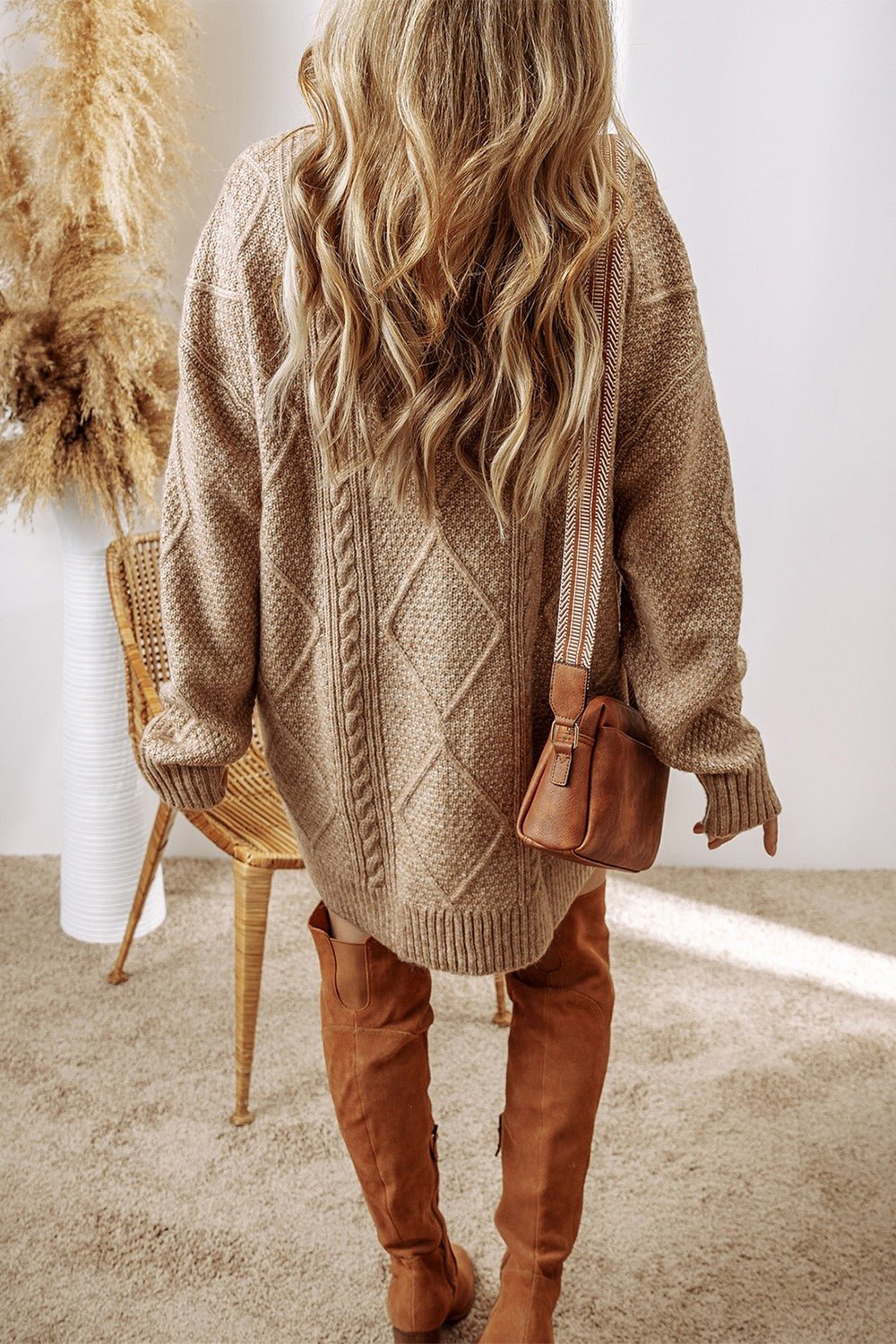 Cable - Knit Round Neck Sweater Dress - ViarousViarousViarous