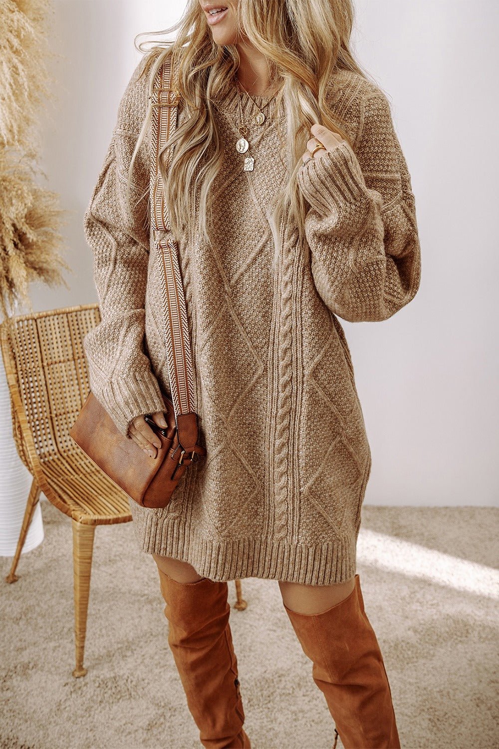 Cable - Knit Round Neck Sweater Dress - ViarousViarousViarous