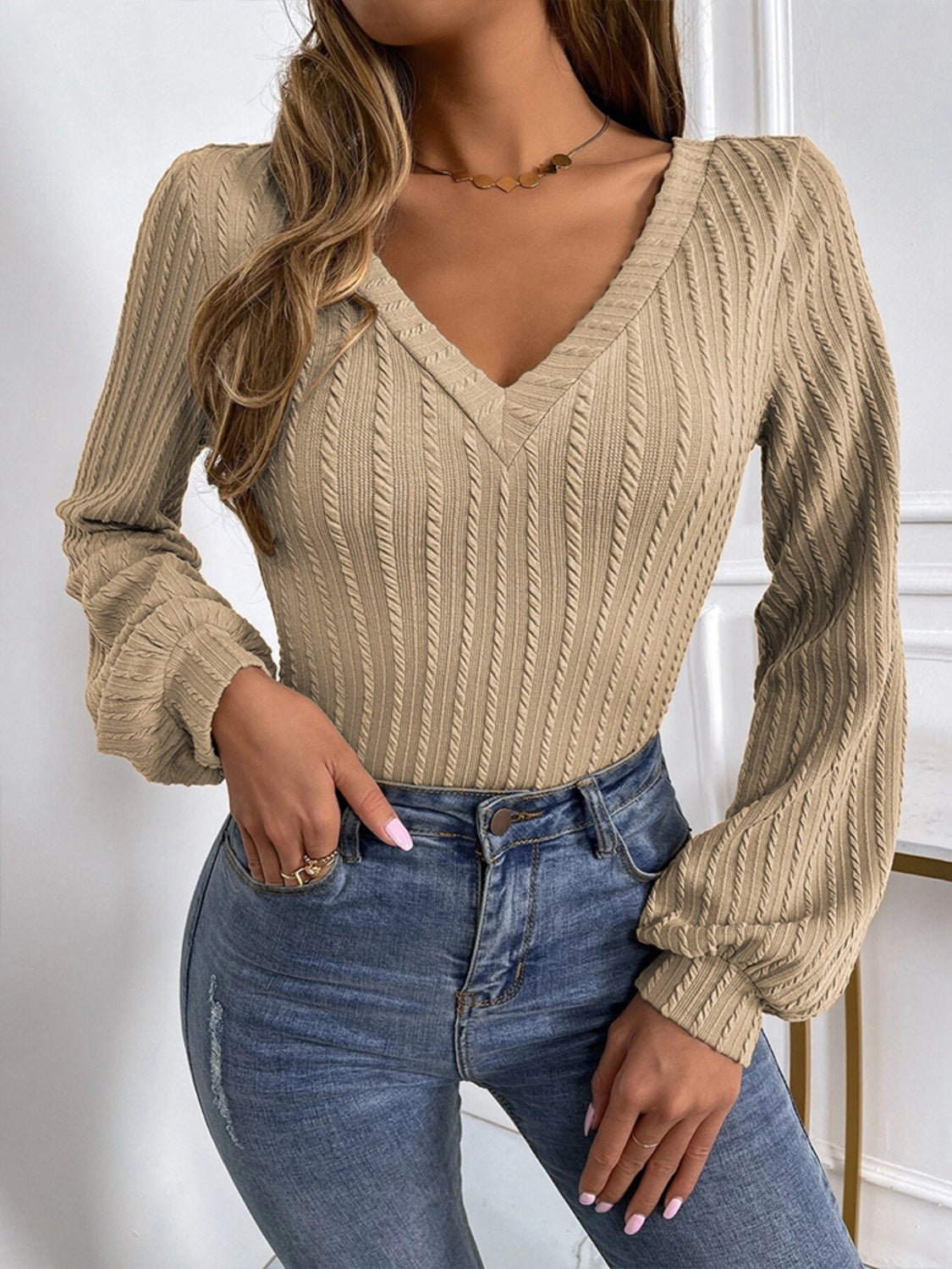 Cable - Knit V - Neck Long Sleeve Knit Top - ViarousViarousViarous