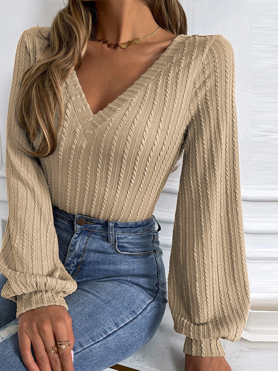 Cable - Knit V - Neck Long Sleeve Knit Top - ViarousViarousViarous