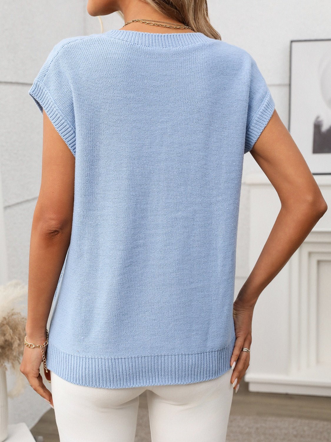 Cable - Knit V - Neck Short Sleeve Knit Top - ViarousViarousViarous