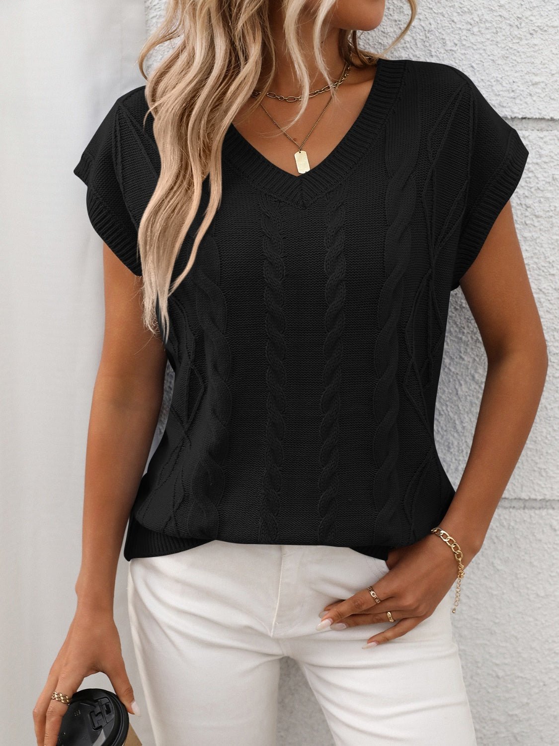 Cable - Knit V - Neck Short Sleeve Knit Top - ViarousViarousViarous