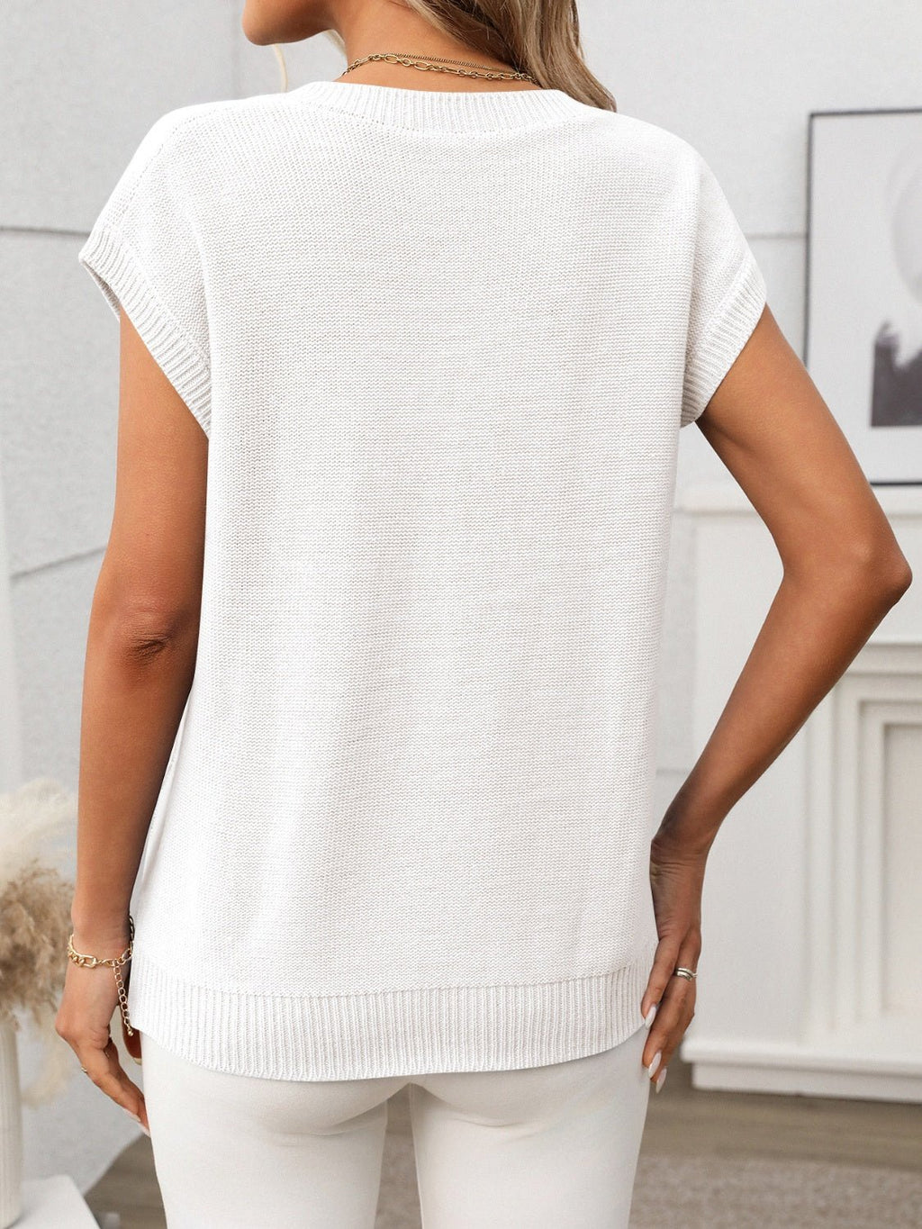 Cable - Knit V - Neck Short Sleeve Knit Top - ViarousViarousViarous