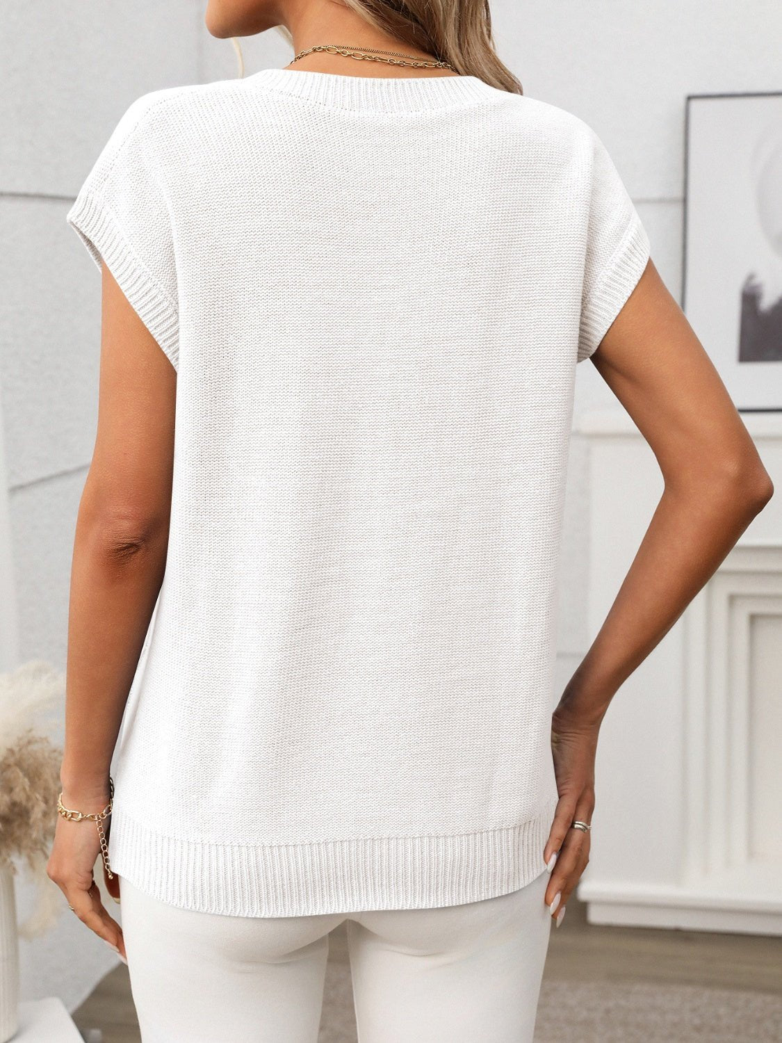Cable - Knit V - Neck Short Sleeve Knit Top - ViarousViarousViarous