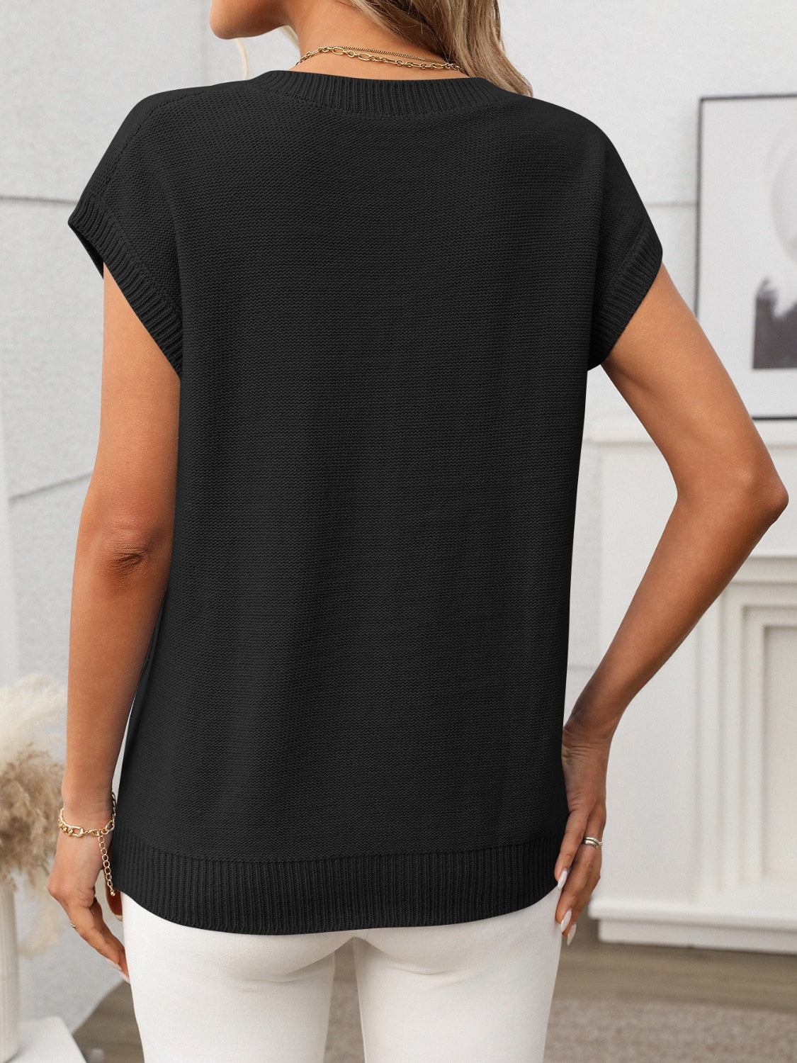 Cable - Knit V - Neck Short Sleeve Knit Top - ViarousViarousViarous