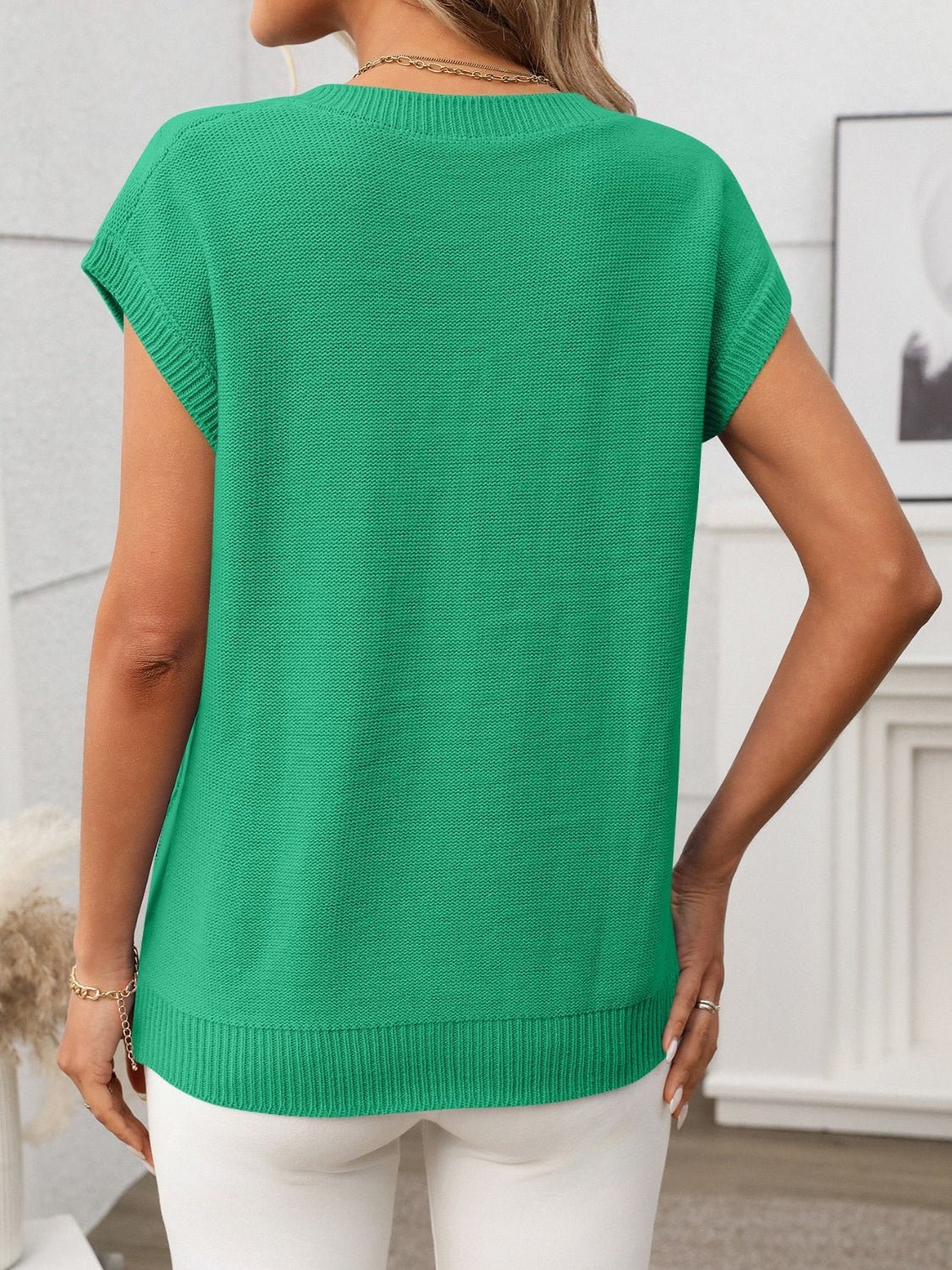 Cable - Knit V - Neck Short Sleeve Knit Top - ViarousViarousViarous