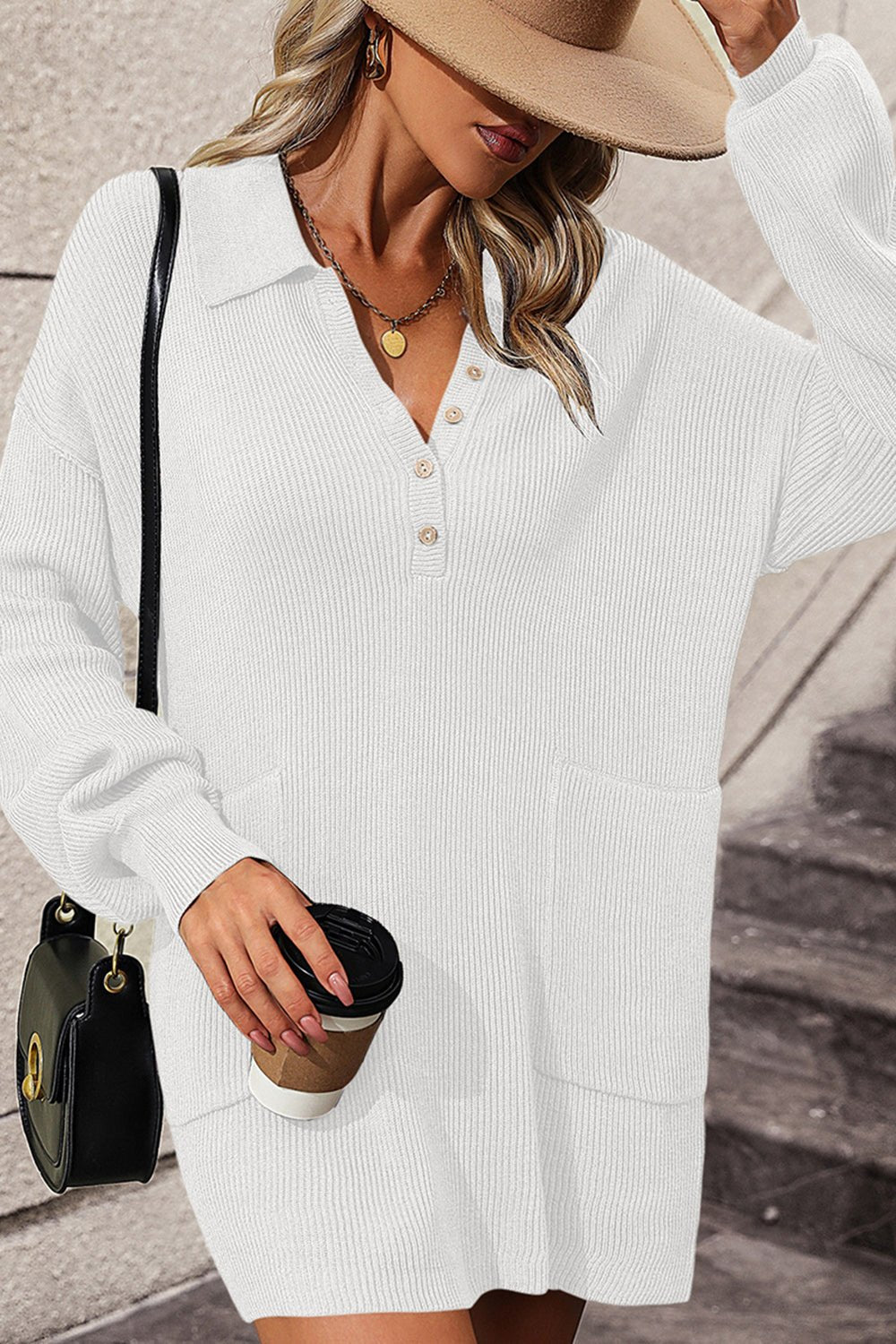 Collared Neck Long Sleeve Sweater Dress with Pockets - ViarousViarousViarous