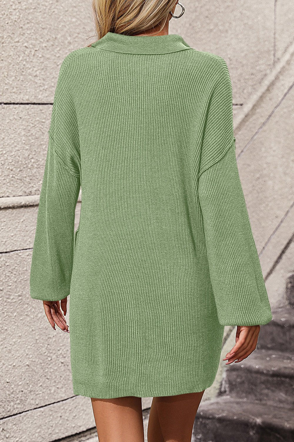 Collared Neck Long Sleeve Sweater Dress with Pockets - ViarousViarousViarous