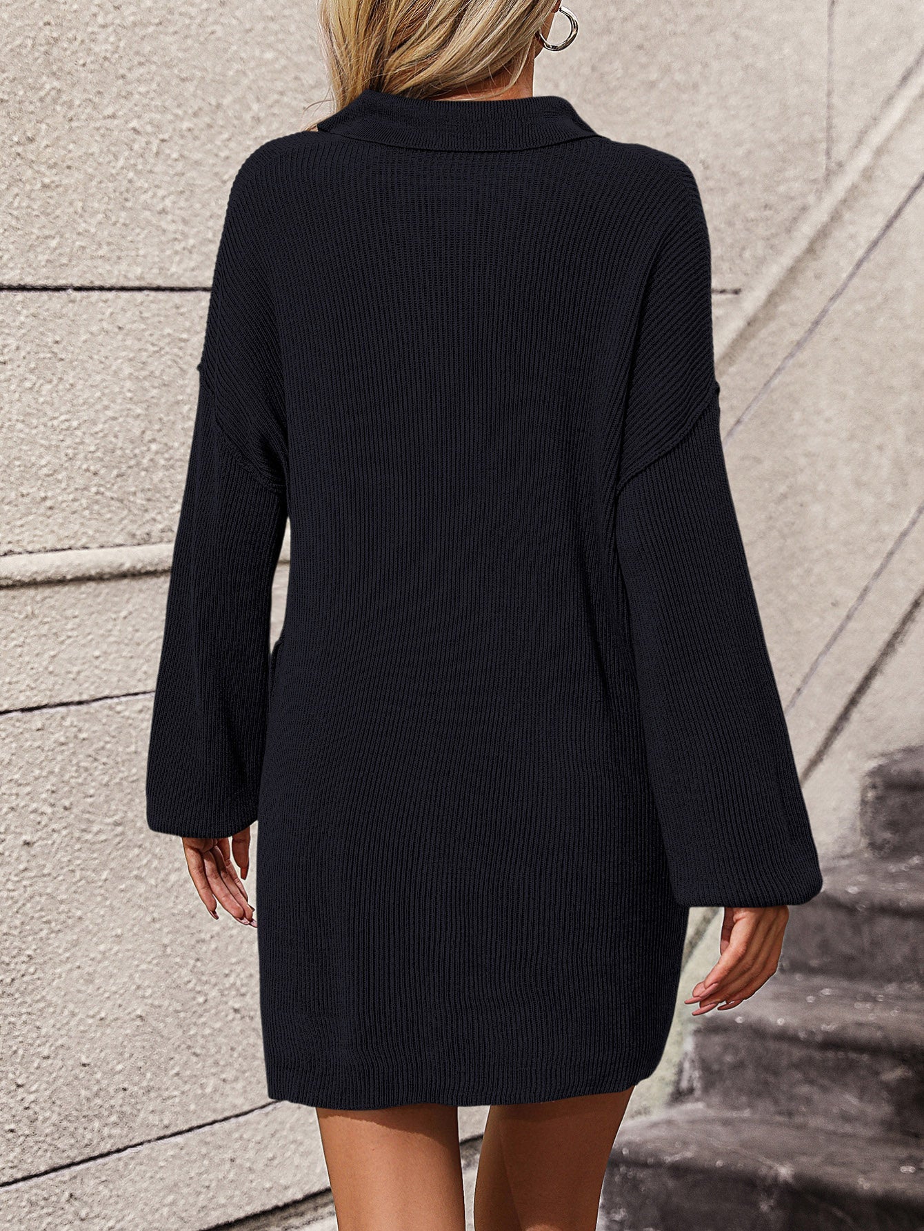 Collared Neck Long Sleeve Sweater Dress with Pockets - ViarousViarousViarous