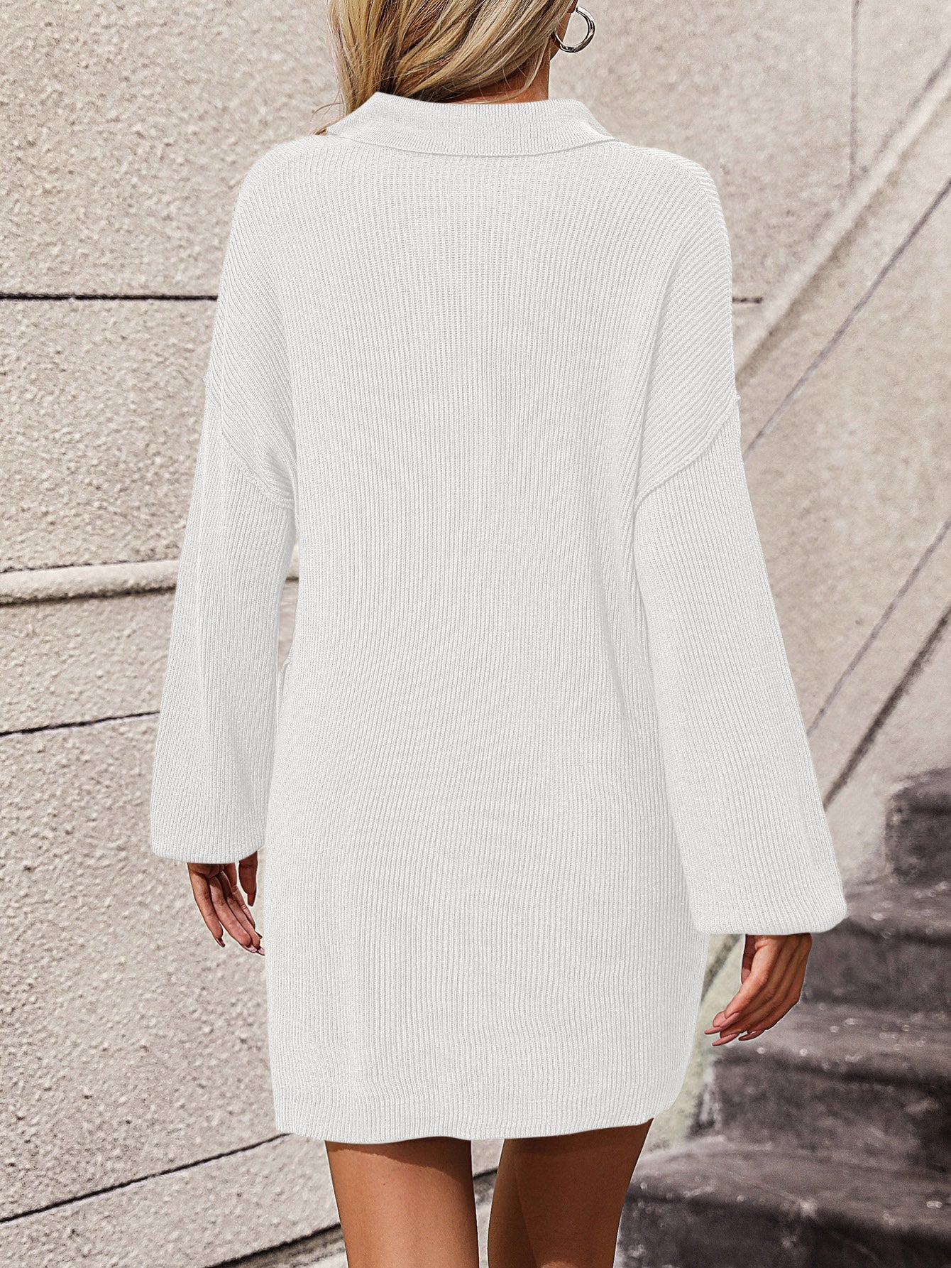 Collared Neck Long Sleeve Sweater Dress with Pockets - ViarousViarousViarous
