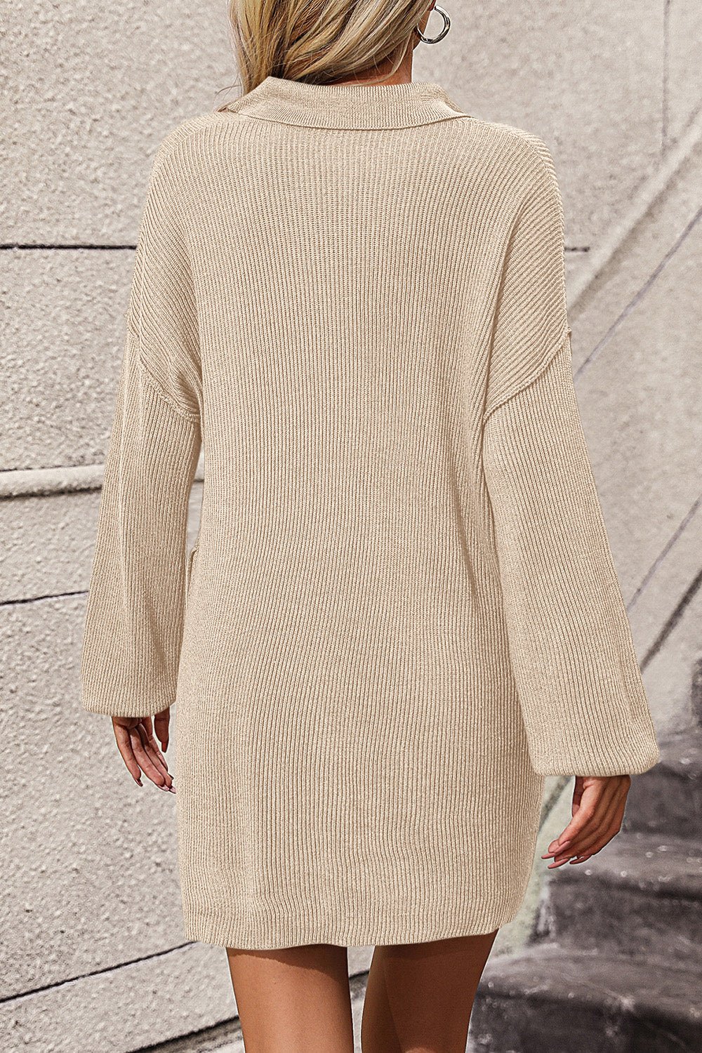 Collared Neck Long Sleeve Sweater Dress with Pockets - ViarousViarousViarous