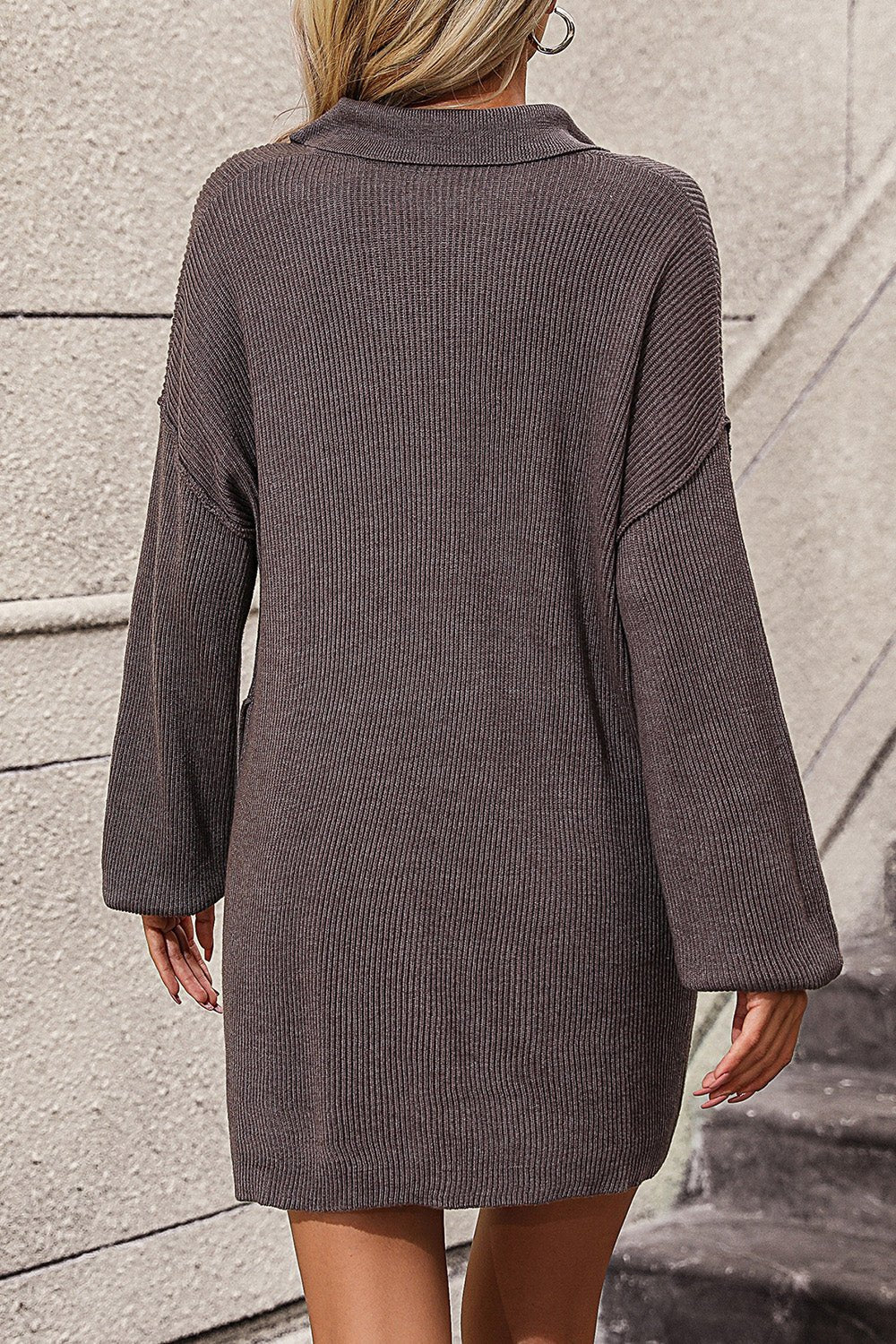 Collared Neck Long Sleeve Sweater Dress with Pockets - ViarousViarousViarous