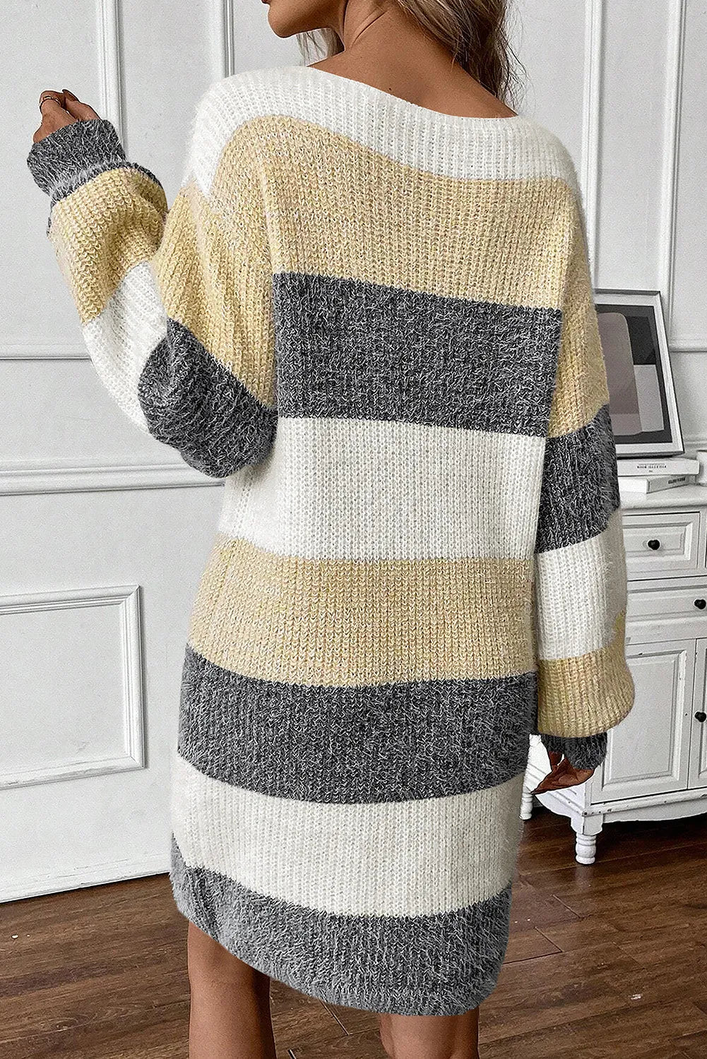 Color Block Boat Neck Long Sleeve Sweater Dress - ViarousViarousViarous
