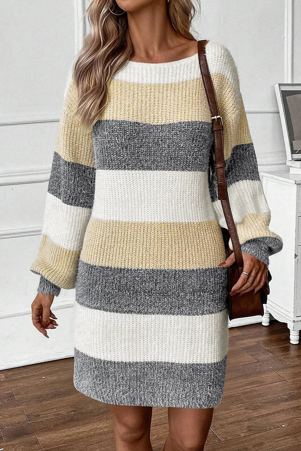 Color Block Boat Neck Long Sleeve Sweater Dress - ViarousViarousViarous