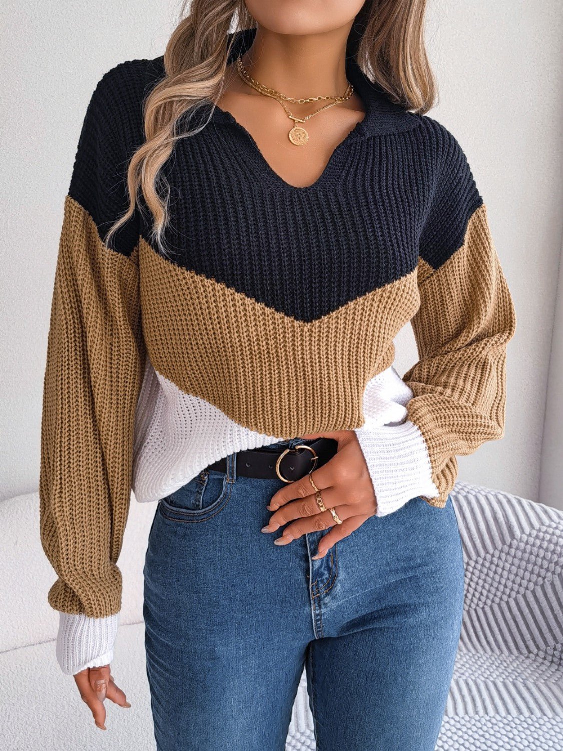 Color Block Dropped Shoulder Sweater - ViarousViarousViarous
