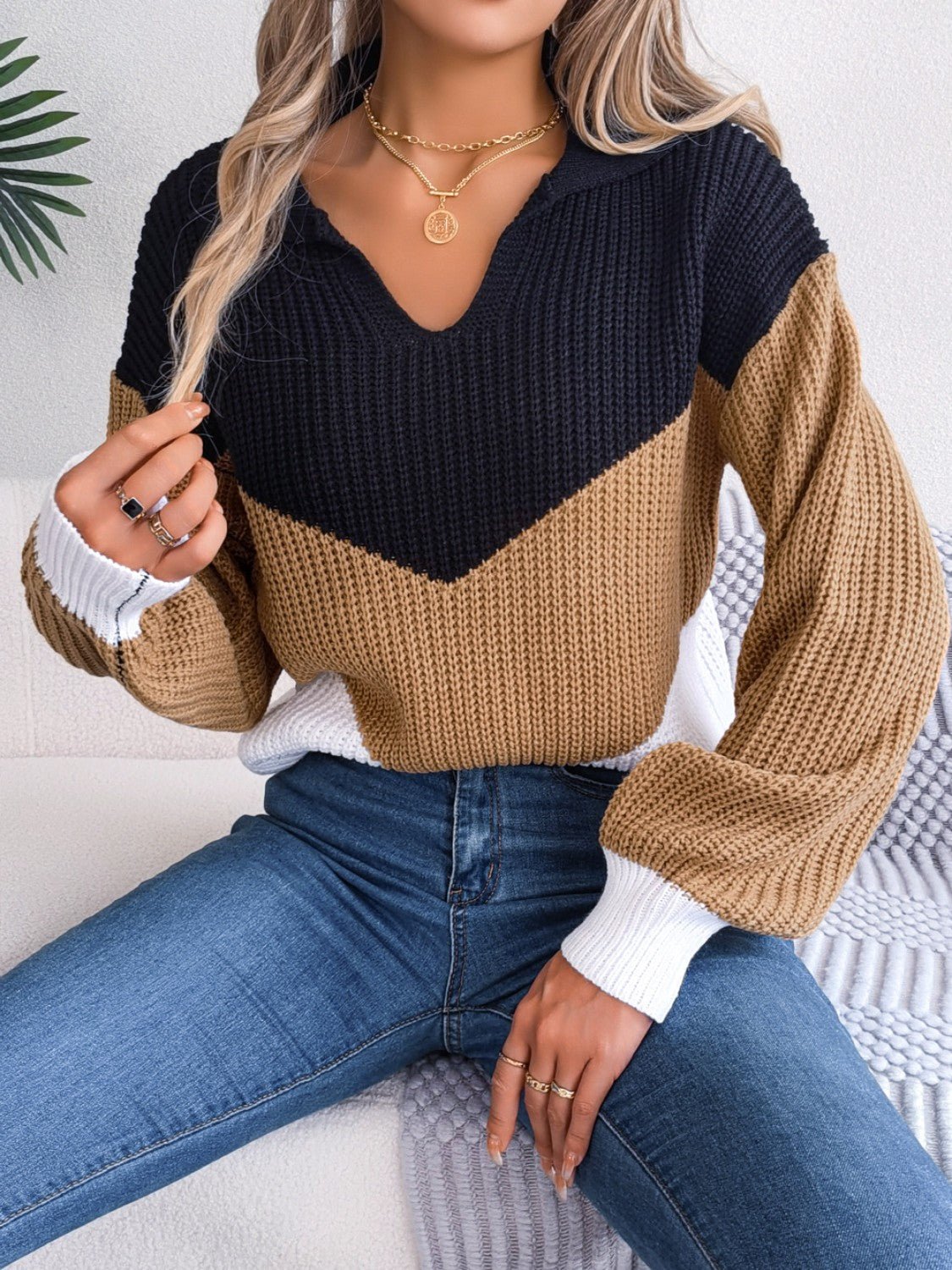 Color Block Dropped Shoulder Sweater - ViarousViarousViarous