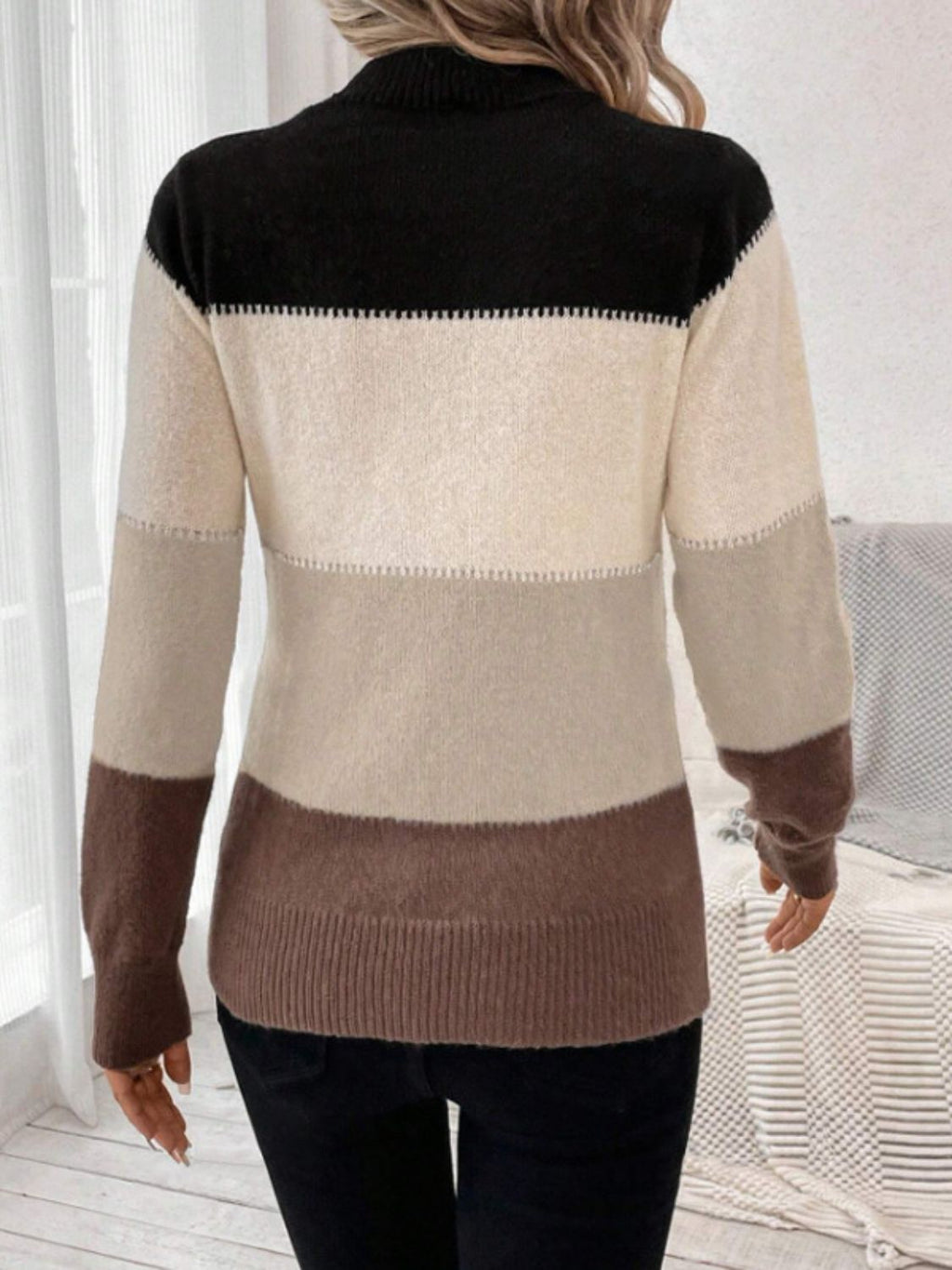 Color Block Mock Neck Long Sleeve Sweater - ViarousViarousViarous