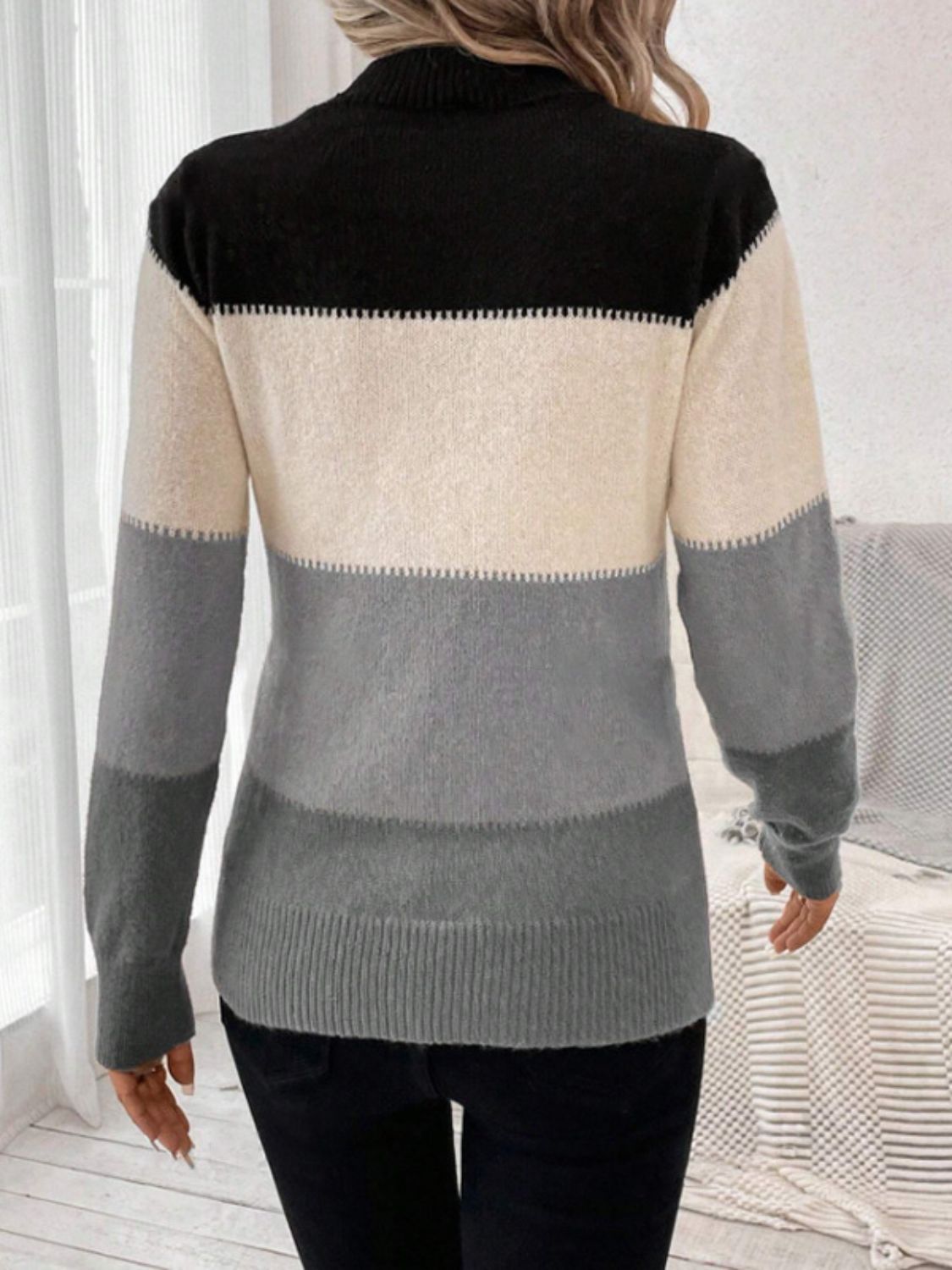 Color Block Mock Neck Long Sleeve Sweater - ViarousViarousViarous