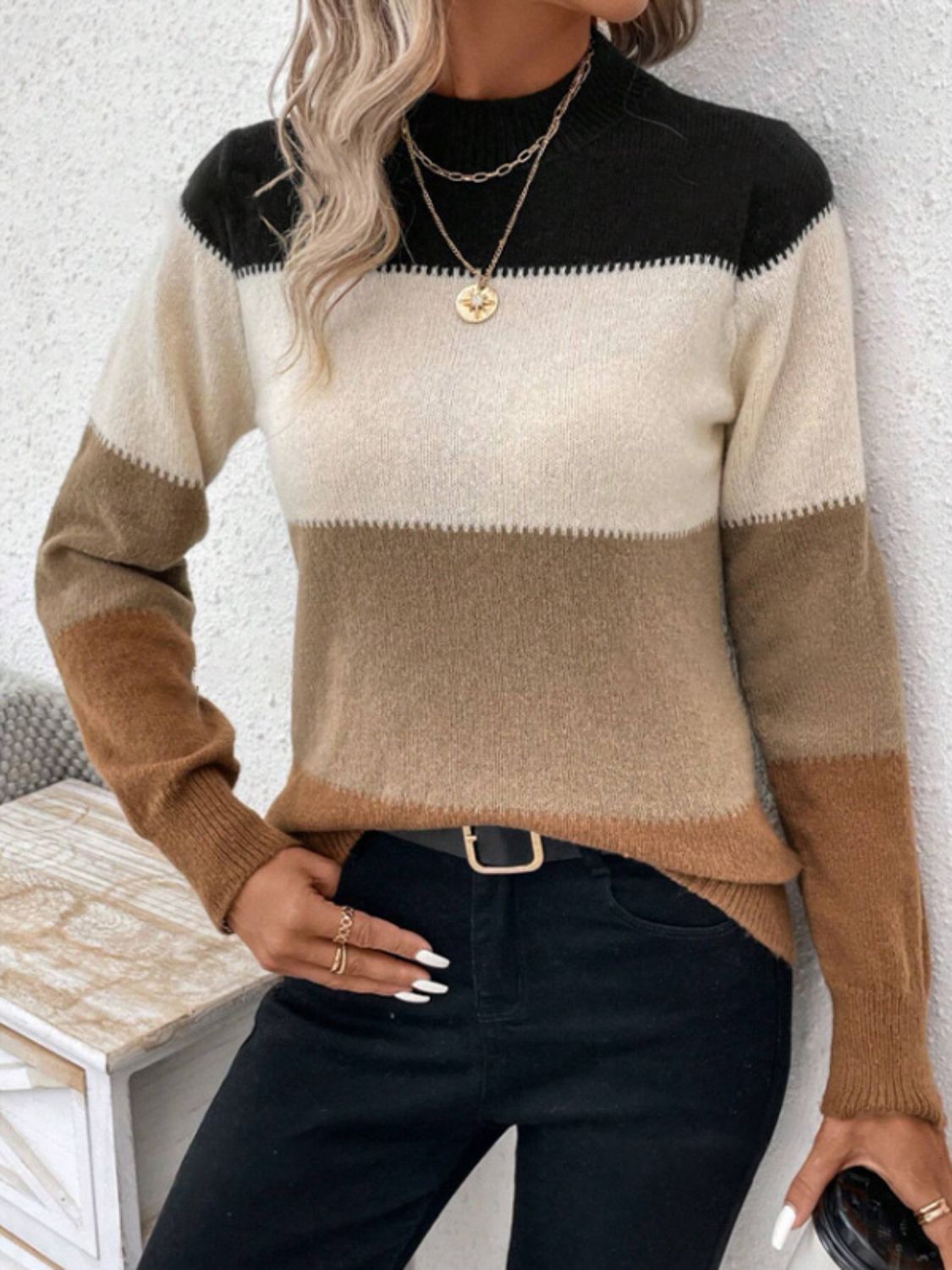 Color Block Mock Neck Long Sleeve Sweater - ViarousViarousViarous