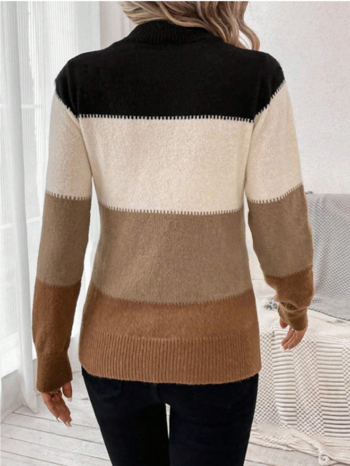 Color Block Mock Neck Long Sleeve Sweater - ViarousViarousViarous