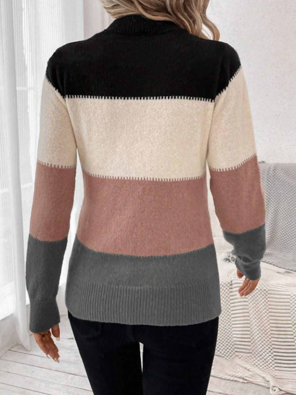 Color Block Mock Neck Long Sleeve Sweater - ViarousViarousViarous