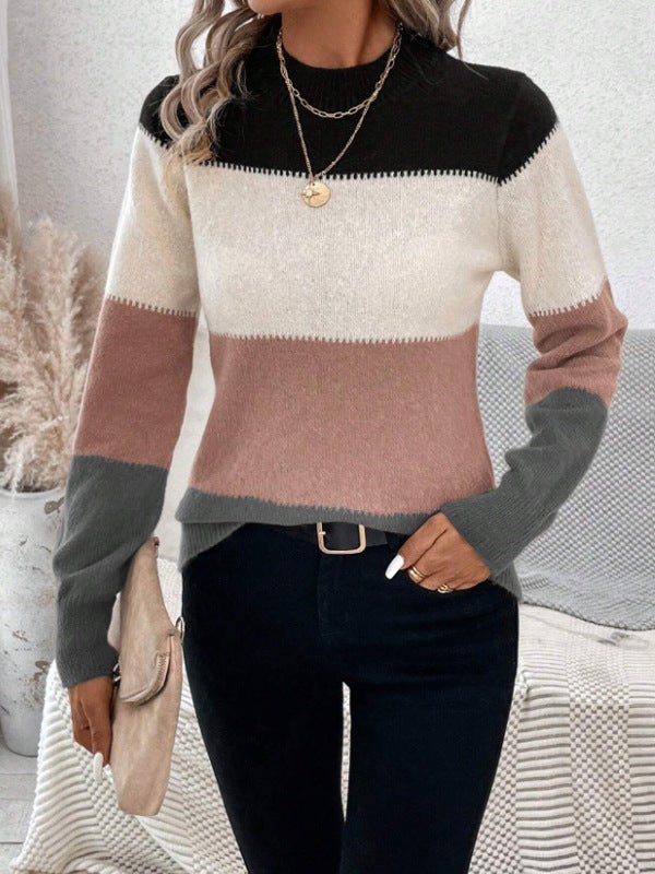 Color Block Mock Neck Long Sleeve Sweater - ViarousViarousViarous