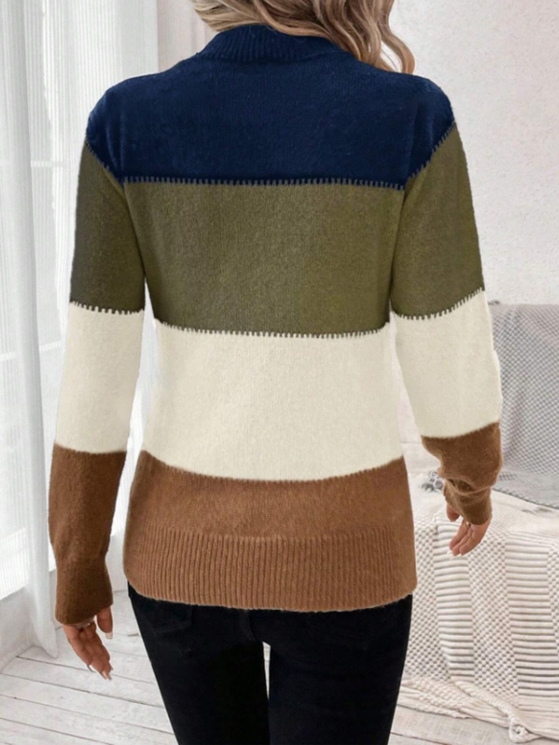 Color Block Mock Neck Long Sleeve Sweater - ViarousViarousViarous
