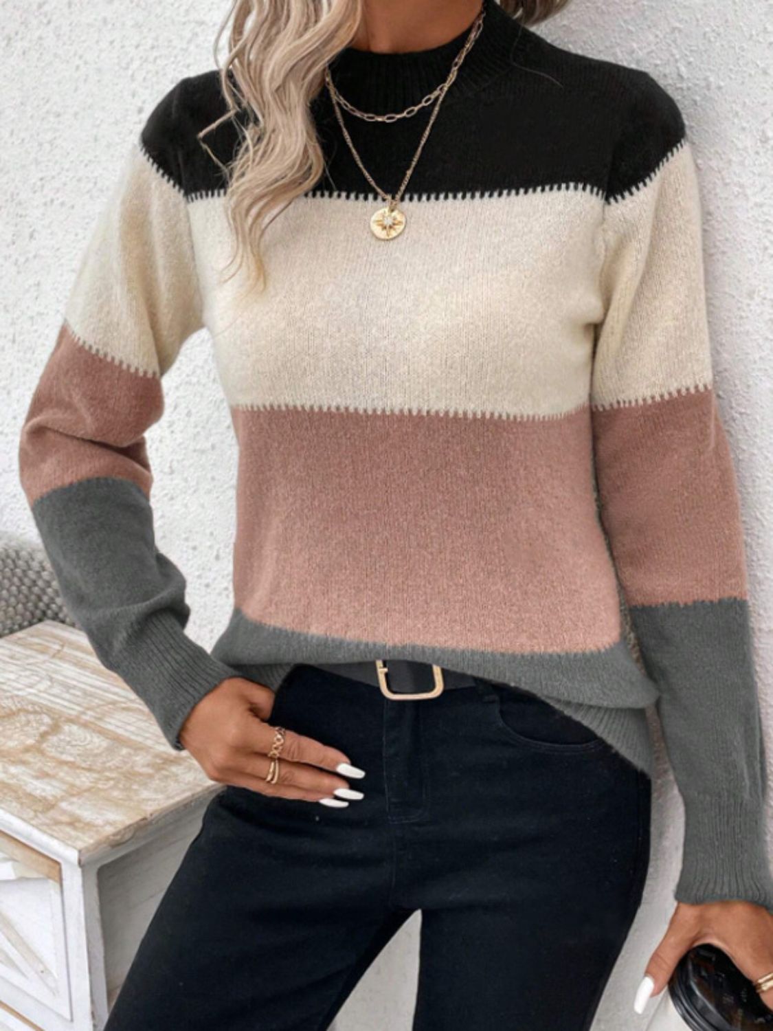Color Block Mock Neck Long Sleeve Sweater - ViarousViarousViarous