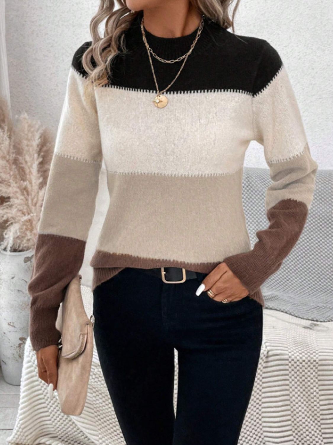 Color Block Mock Neck Long Sleeve Sweater - ViarousViarousViarous