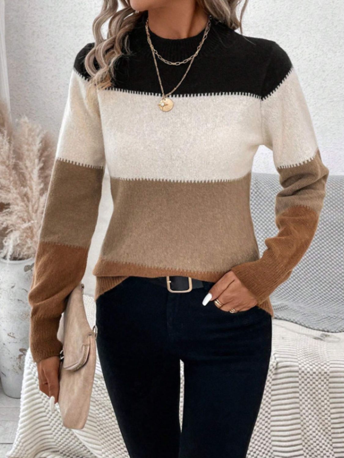 Color Block Mock Neck Long Sleeve Sweater - ViarousViarousViarous