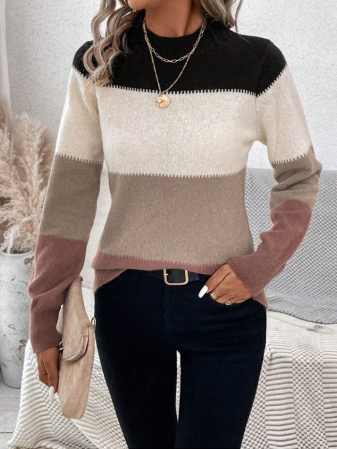 Color Block Mock Neck Long Sleeve Sweater - ViarousViarousViarous