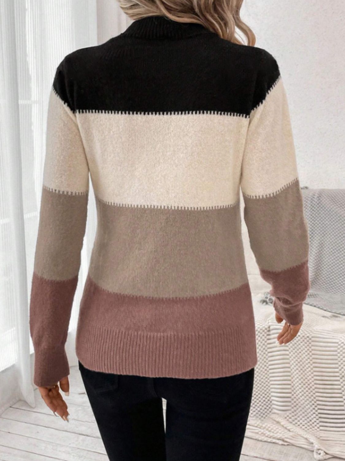 Color Block Mock Neck Long Sleeve Sweater - ViarousViarousViarous