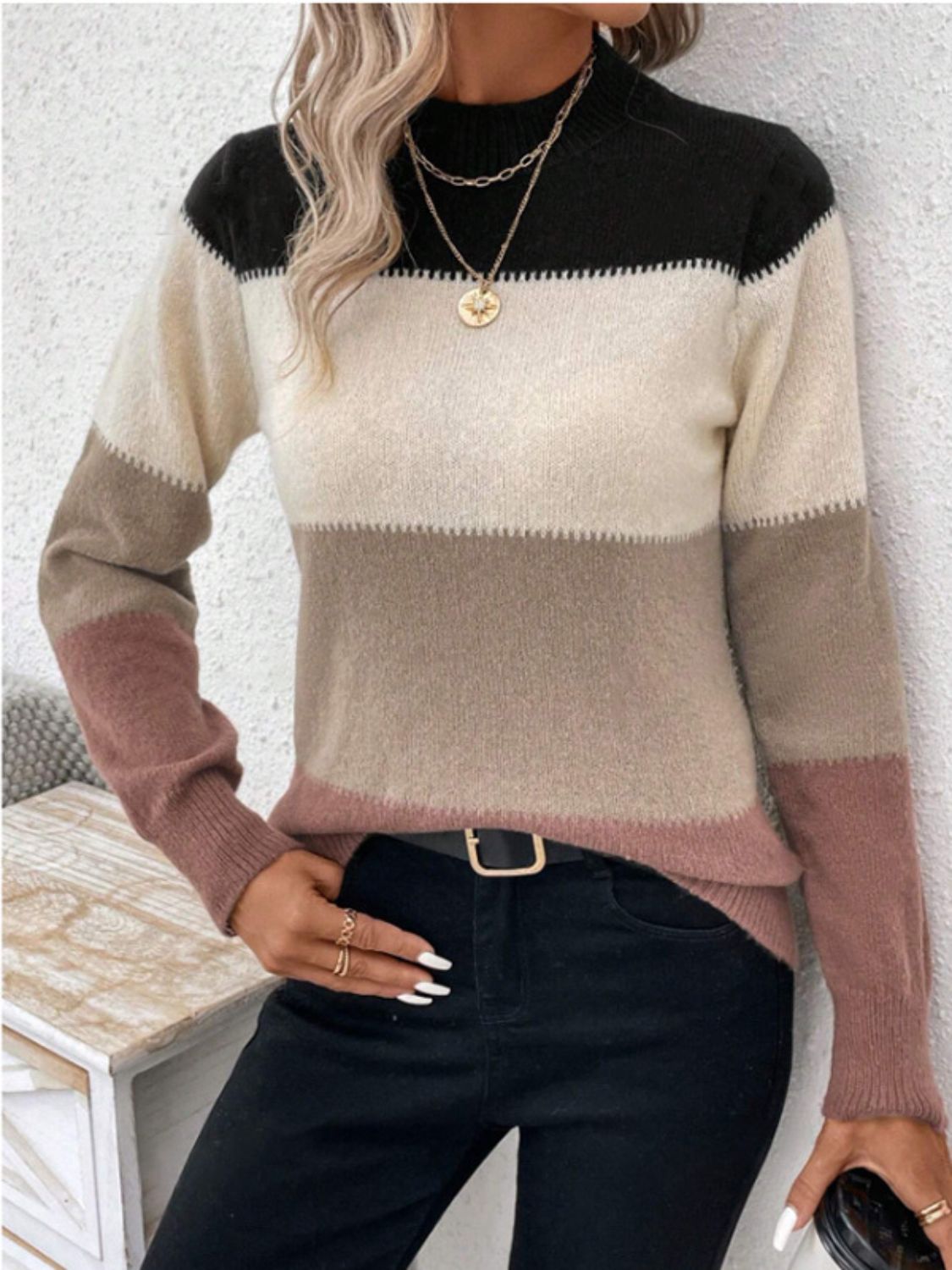 Color Block Mock Neck Long Sleeve Sweater - ViarousViarousViarous