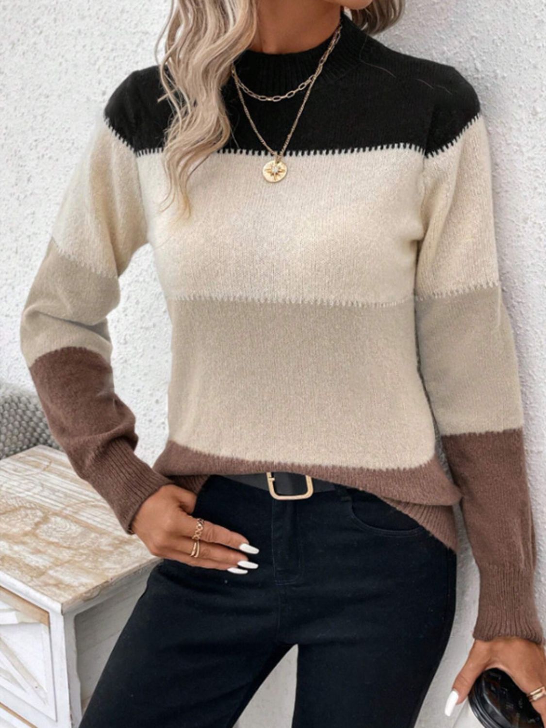 Color Block Mock Neck Long Sleeve Sweater - ViarousViarousViarous