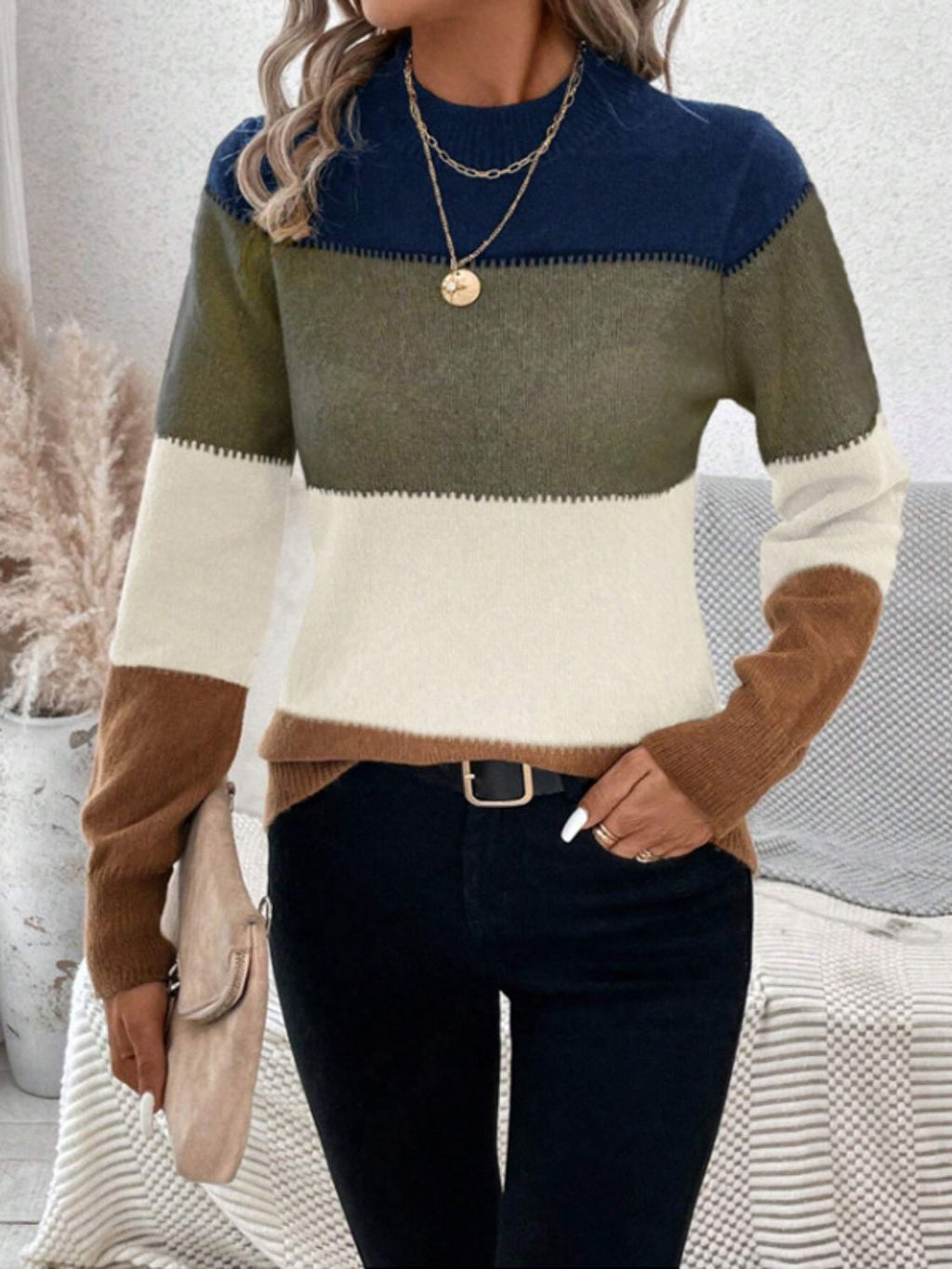 Color Block Mock Neck Long Sleeve Sweater - ViarousViarousViarous