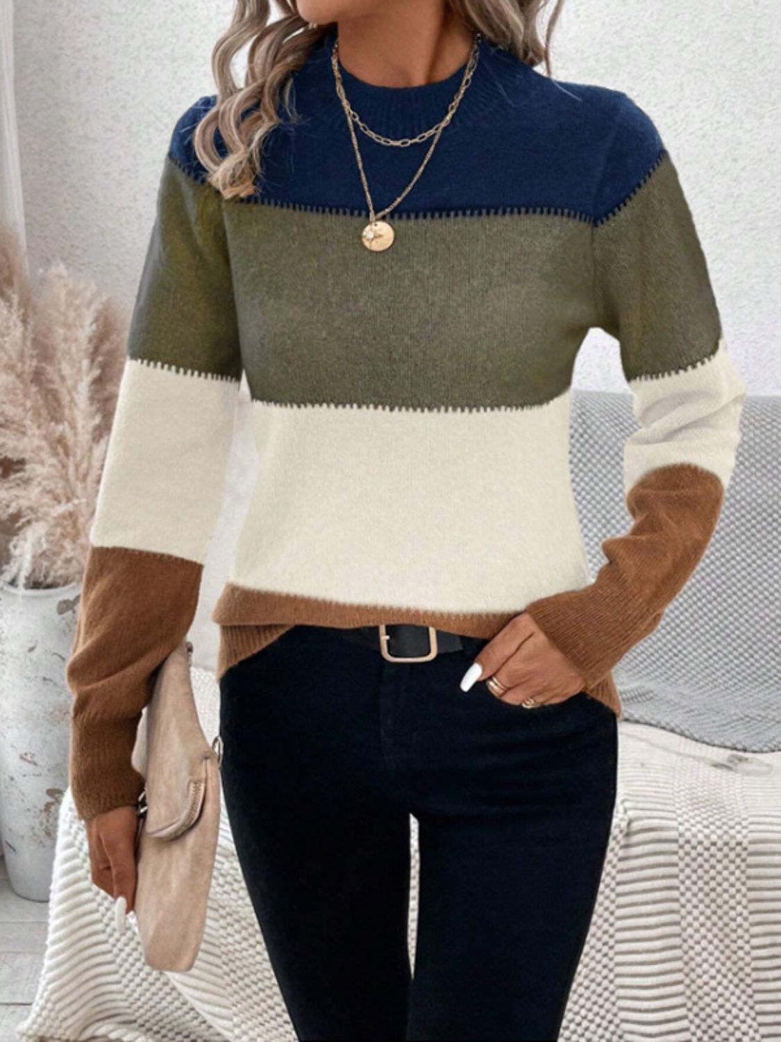 Color Block Mock Neck Long Sleeve Sweater - ViarousViarousViarous