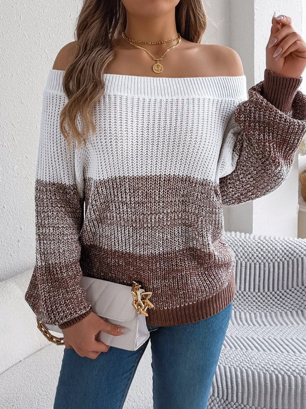 Color Block Off - Shoulder Long Sleeve Sweater - ViarousViarousViarous
