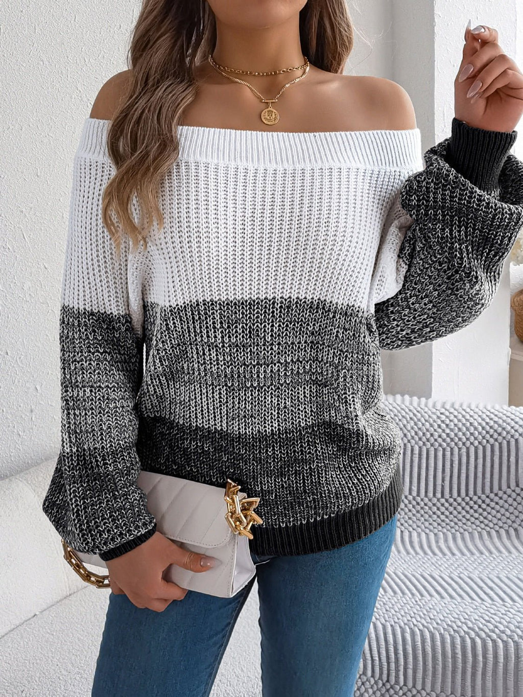Color Block Off - Shoulder Long Sleeve Sweater - ViarousViarousViarous