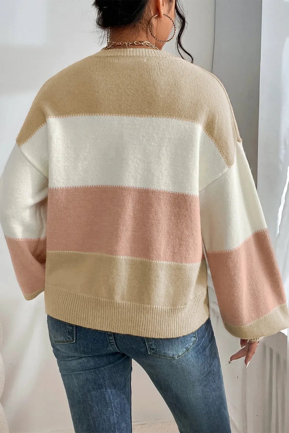 Color Block Round Neck Lantern Sleeve Sweater - ViarousViarousViarous