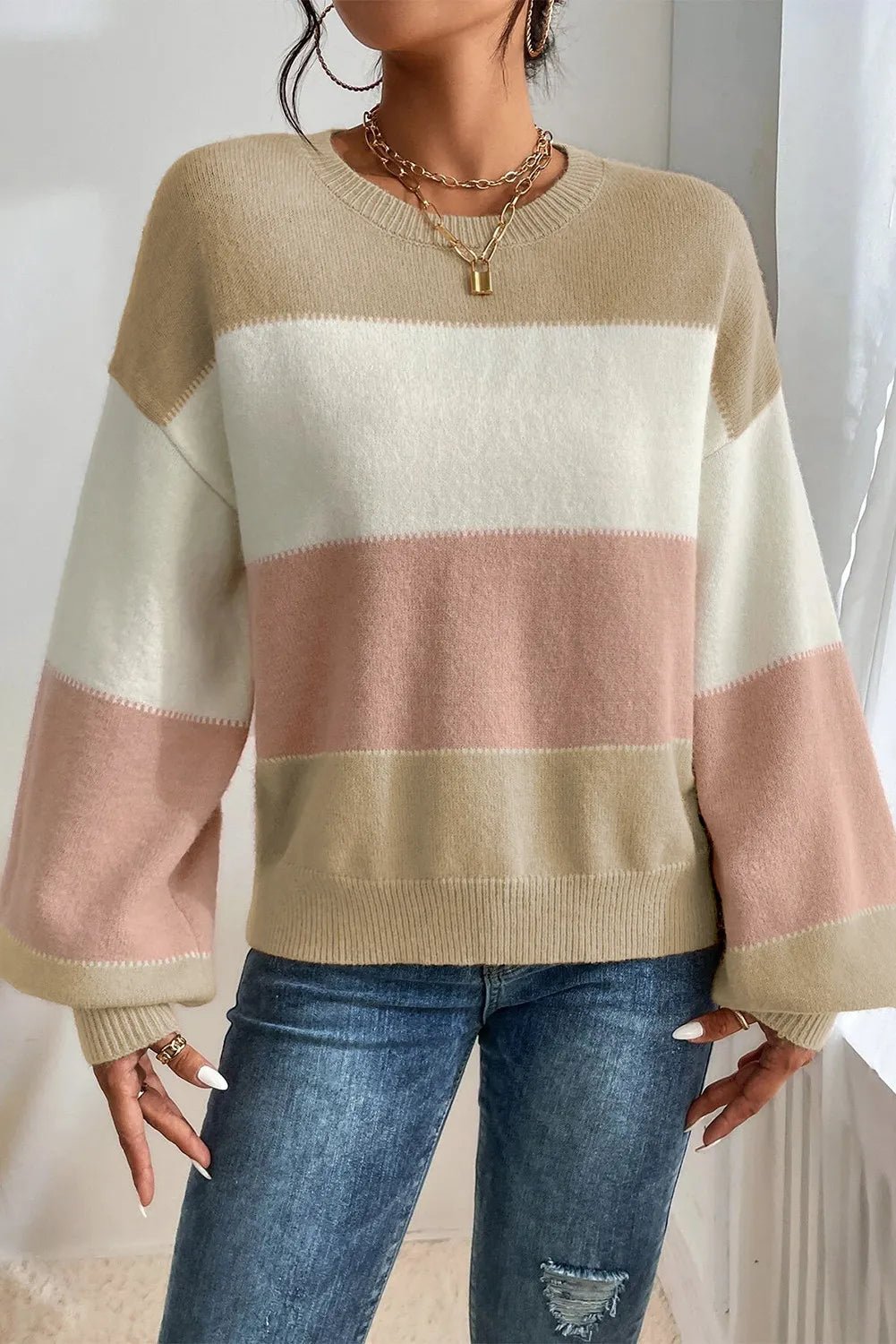 Color Block Round Neck Lantern Sleeve Sweater - ViarousViarousViarous